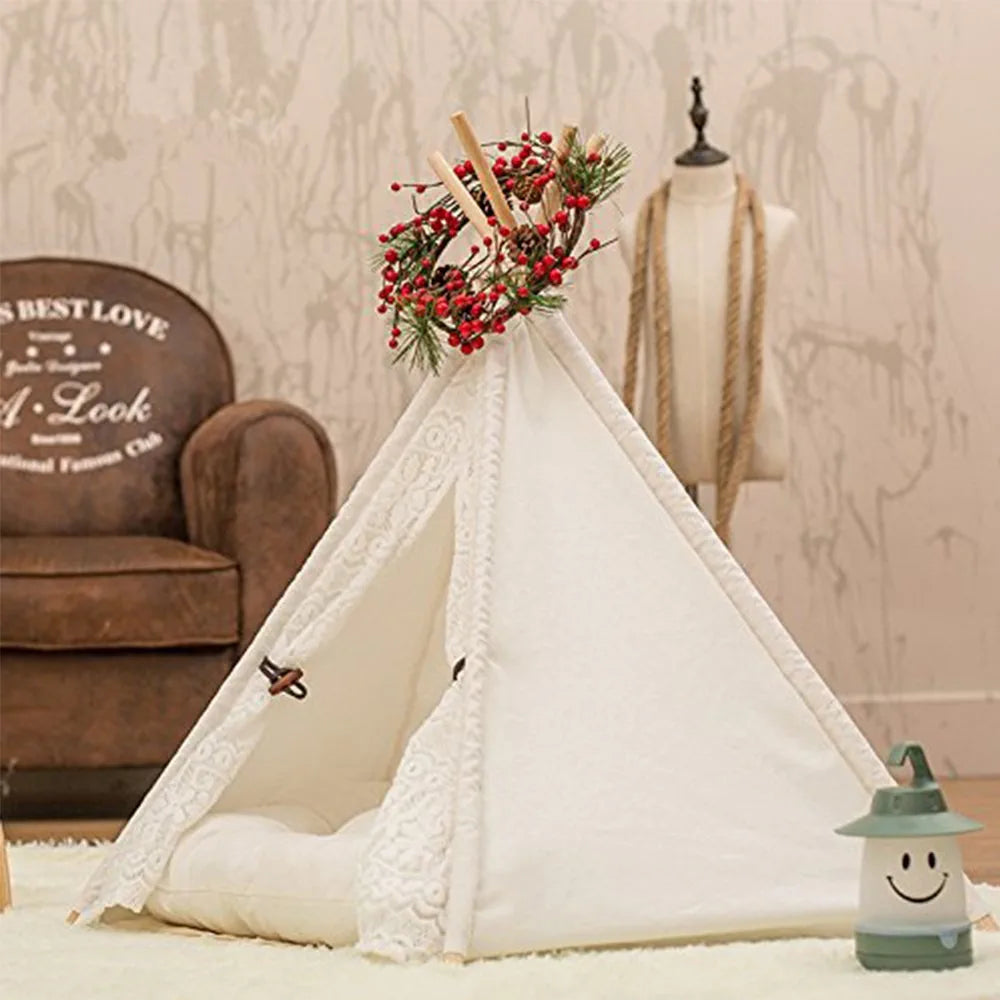 DEWEL Dog Tent Pet Teepee Dog Cat Play House Portable Washable Pet Bed for Dog Cat Lace Style