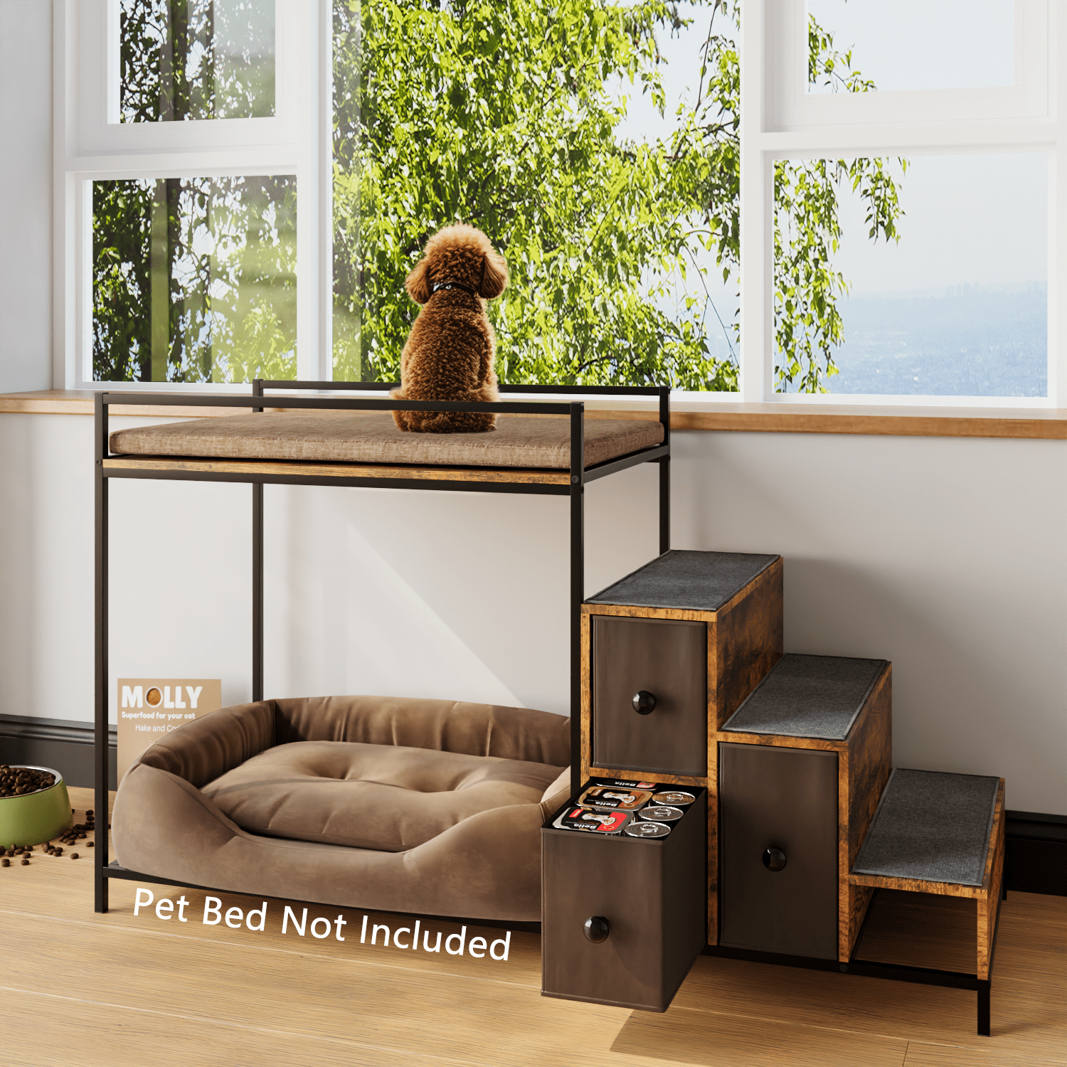 BOSSIN Pet Window Perch with Stairs,  3 Drawers Large Pet Bunk Bed for Dogs and Cats