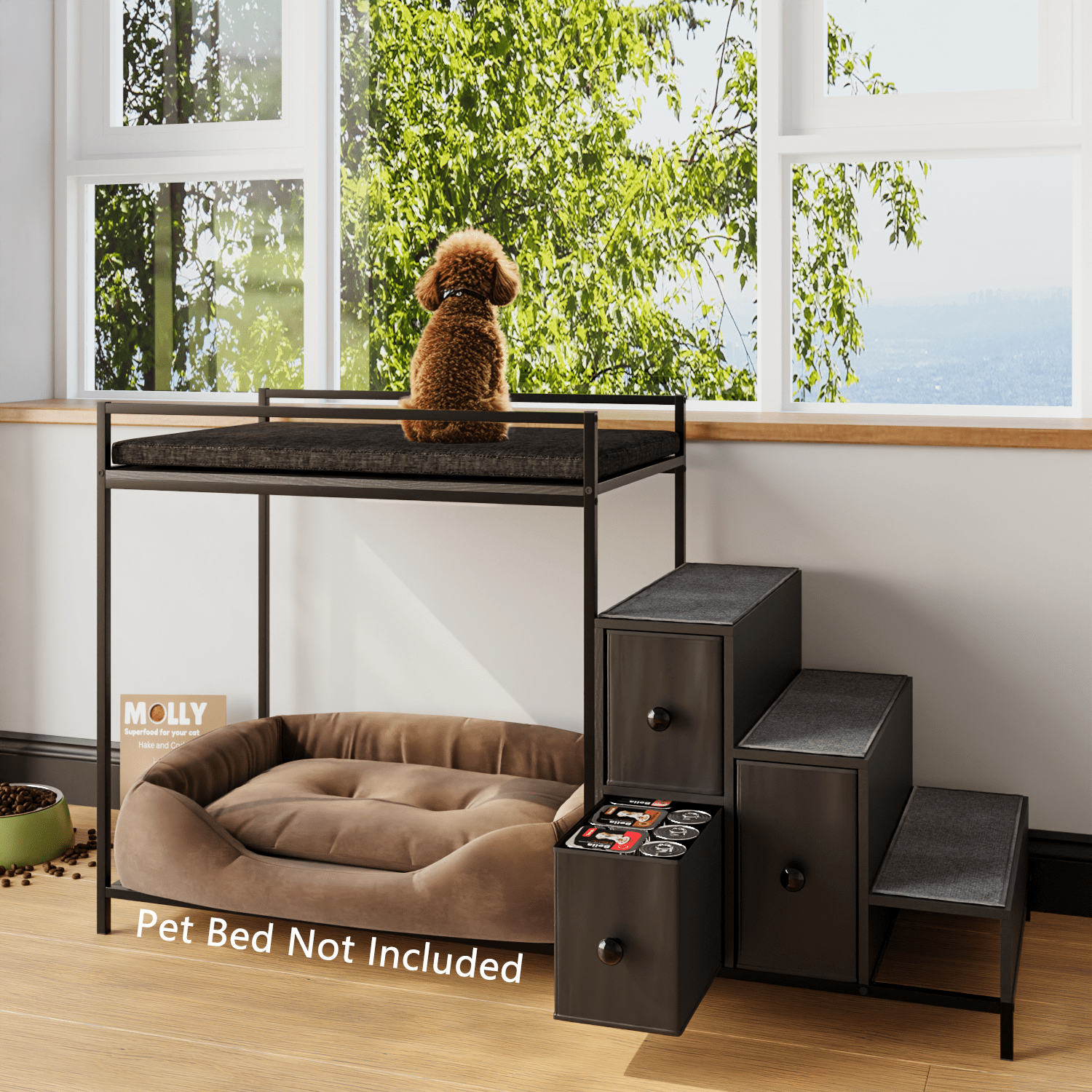 BOSSIN Pet Window Perch with Stairs,  3 Drawers Large Pet Bunk Bed for Dogs and Cats