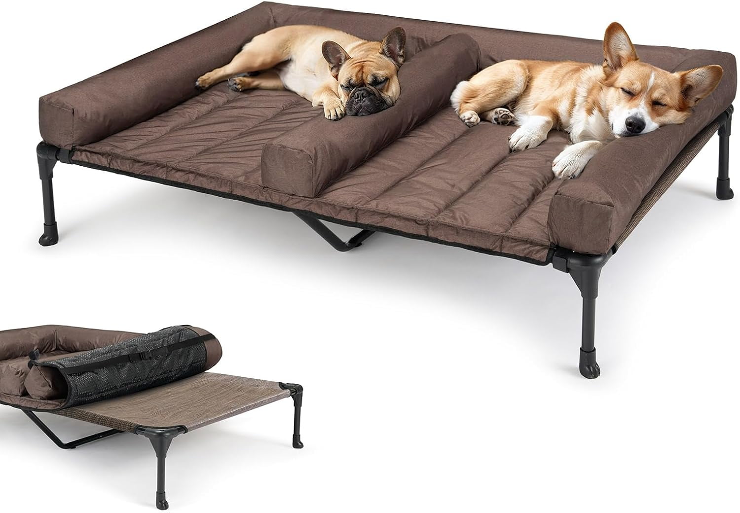 Cooling Raised Dog Bed With Waterproof Double Cushion for Two Dogs, Elevated With Removable Bolster Mat, Breathable Mesh, No-Slip Feet, 59" x 37.5" Couch, Black Silver
