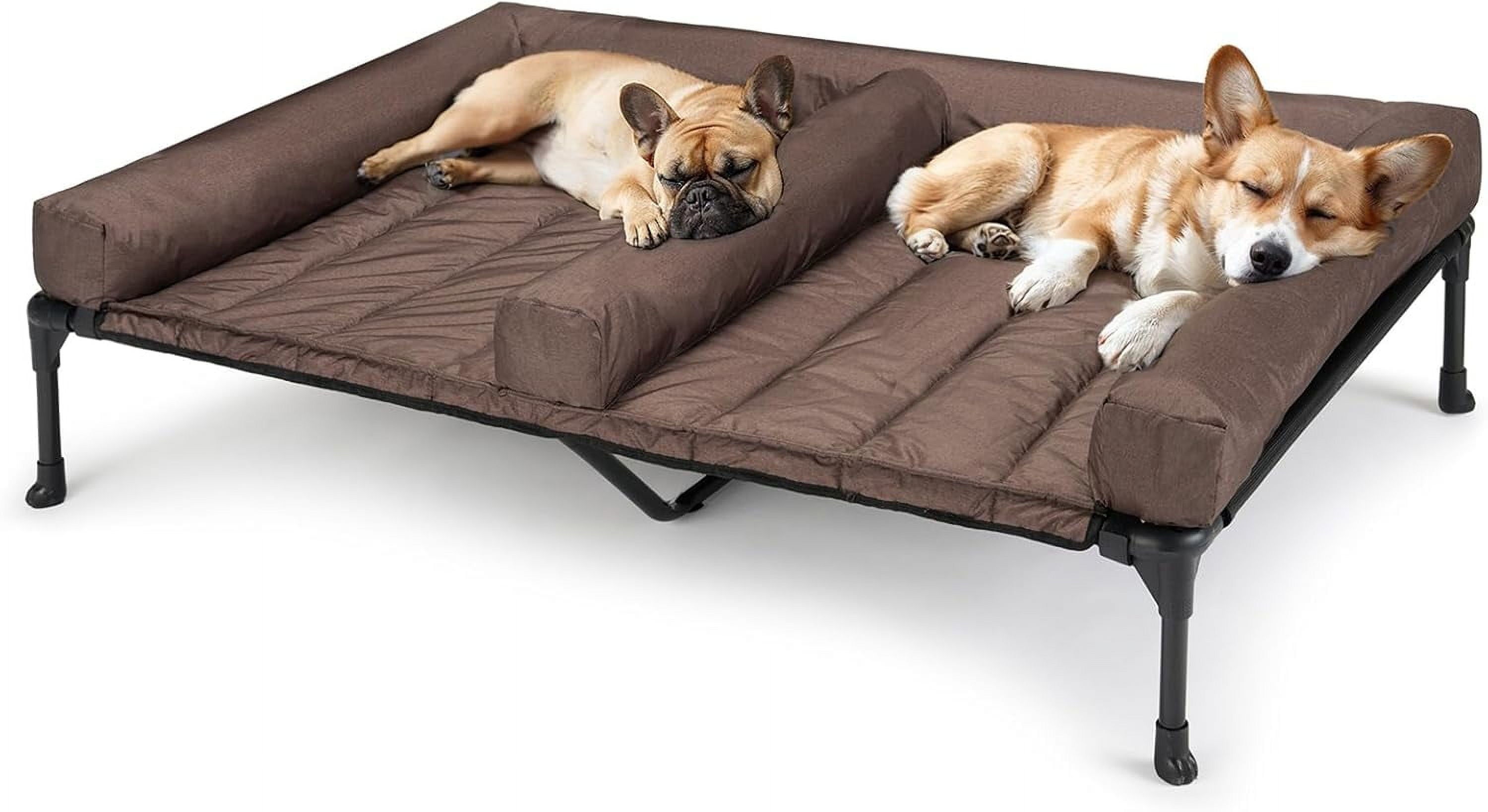 Cooling Raised Dog Bed With Waterproof Double Cushion for Two Dogs, Elevated With Removable Bolster Mat, Breathable Mesh, No-Slip Feet, 59" x 37.5" Couch, Black Silver