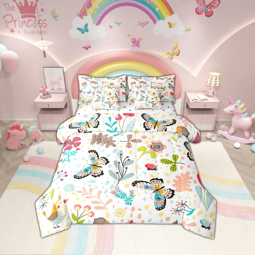 Erosebridal Rabbit Bedding Set Twin,Cute Rabbit Bed In A Bag 7 Piece ,Cartoon Rustic Animal Comforter Set With Sheets Kawaii Woodland Leaves Flower Sheet Set With Comforter