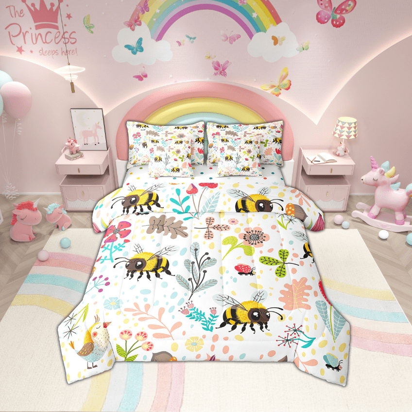 Erosebridal Rabbit Bedding Set Twin,Cute Rabbit Bed In A Bag 7 Piece ,Cartoon Rustic Animal Comforter Set With Sheets Kawaii Woodland Leaves Flower Sheet Set With Comforter