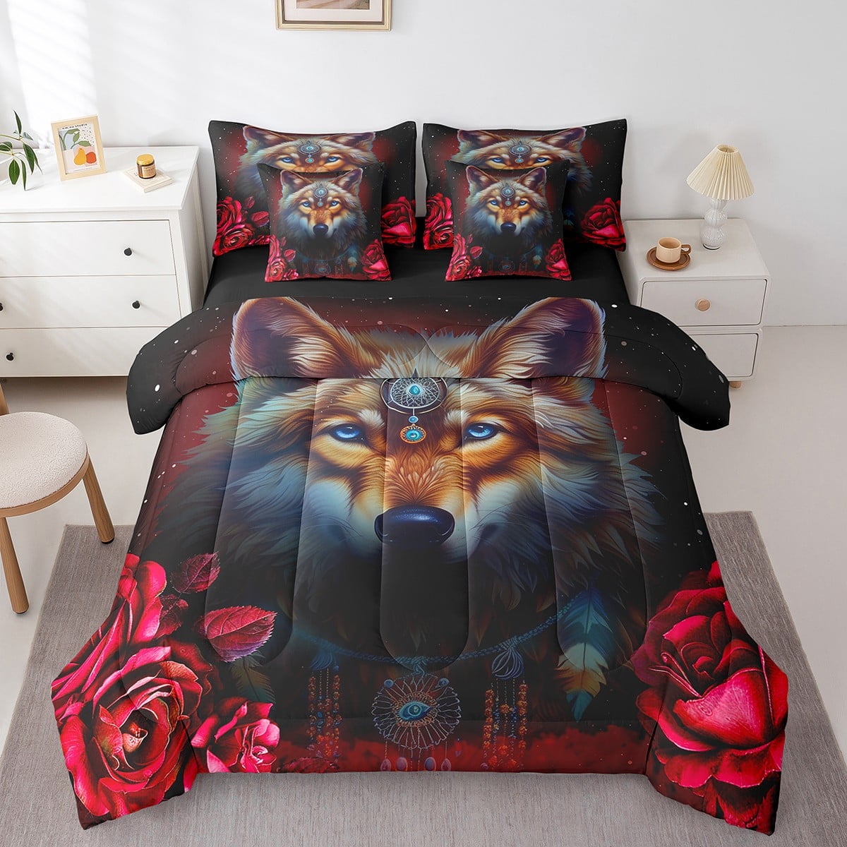 Wolf Comforter Set Twin Size,Aurora Natural Dreamy Bedding Set Teens,Wildlife Animal Print(Comforter+Fitted+Flat Sheet+2 Pillowcases+2 Throw Pillow Covers)7 Pieces Bed Set