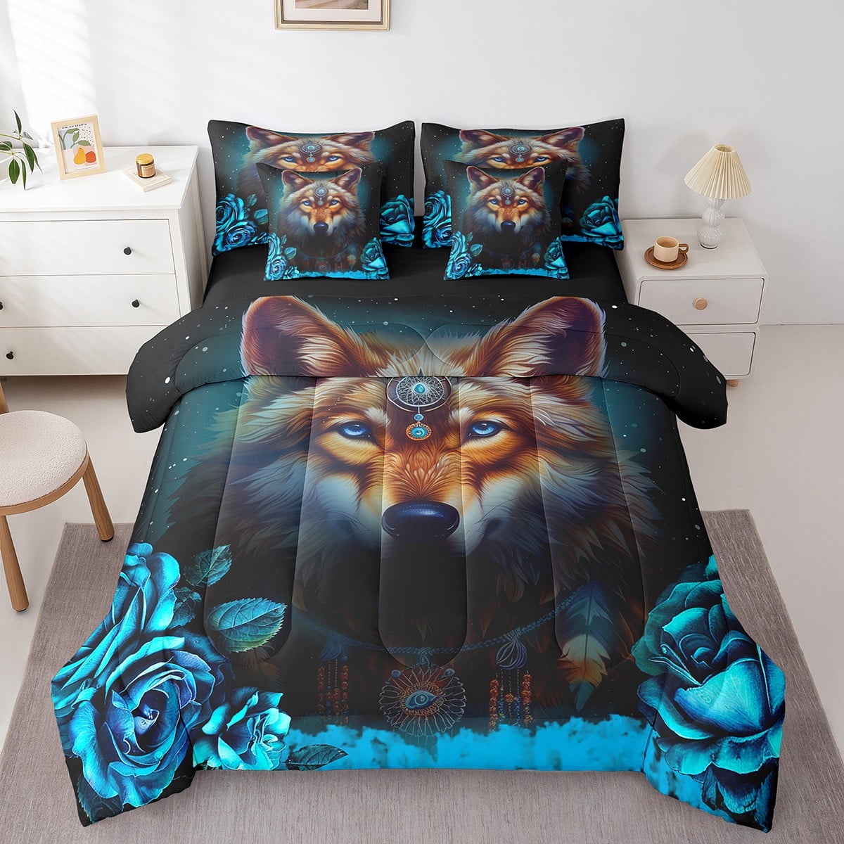 Wolf Comforter Set Twin Size,Aurora Natural Dreamy Bedding Set Teens,Wildlife Animal Print(Comforter+Fitted+Flat Sheet+2 Pillowcases+2 Throw Pillow Covers)7 Pieces Bed Set