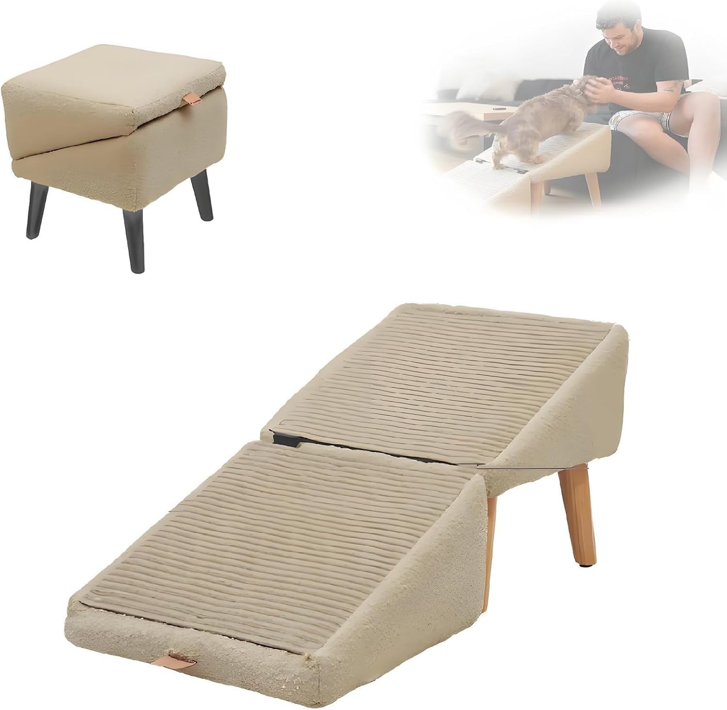 FlareFable Split Ottoman Dog Ramp, 2-in-1 Lightweight Folding Dog Stairs, Dog Ramp for Couch, Interactive Dog Setting Supply, Enhance The Relationship with Pets, Dog Ramp for Bed (Beige)