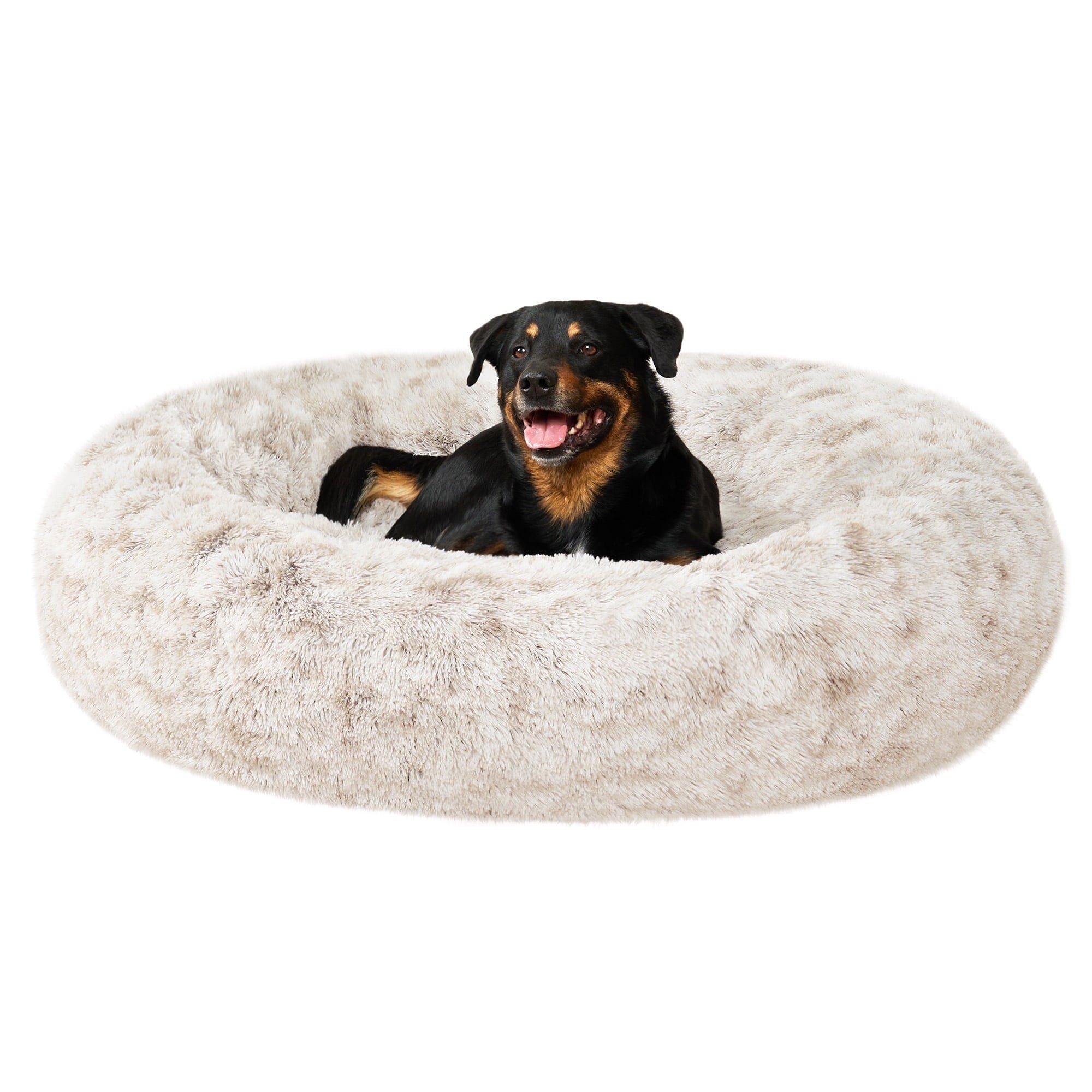 Furhaven 23" Round Calming Donut Dog Bed with Washable & Removable Cover & Bolster - Shaggy Plush Long Faux Fur Ball Bed - Taupe, For Dogs Up to 20 lbs, Small