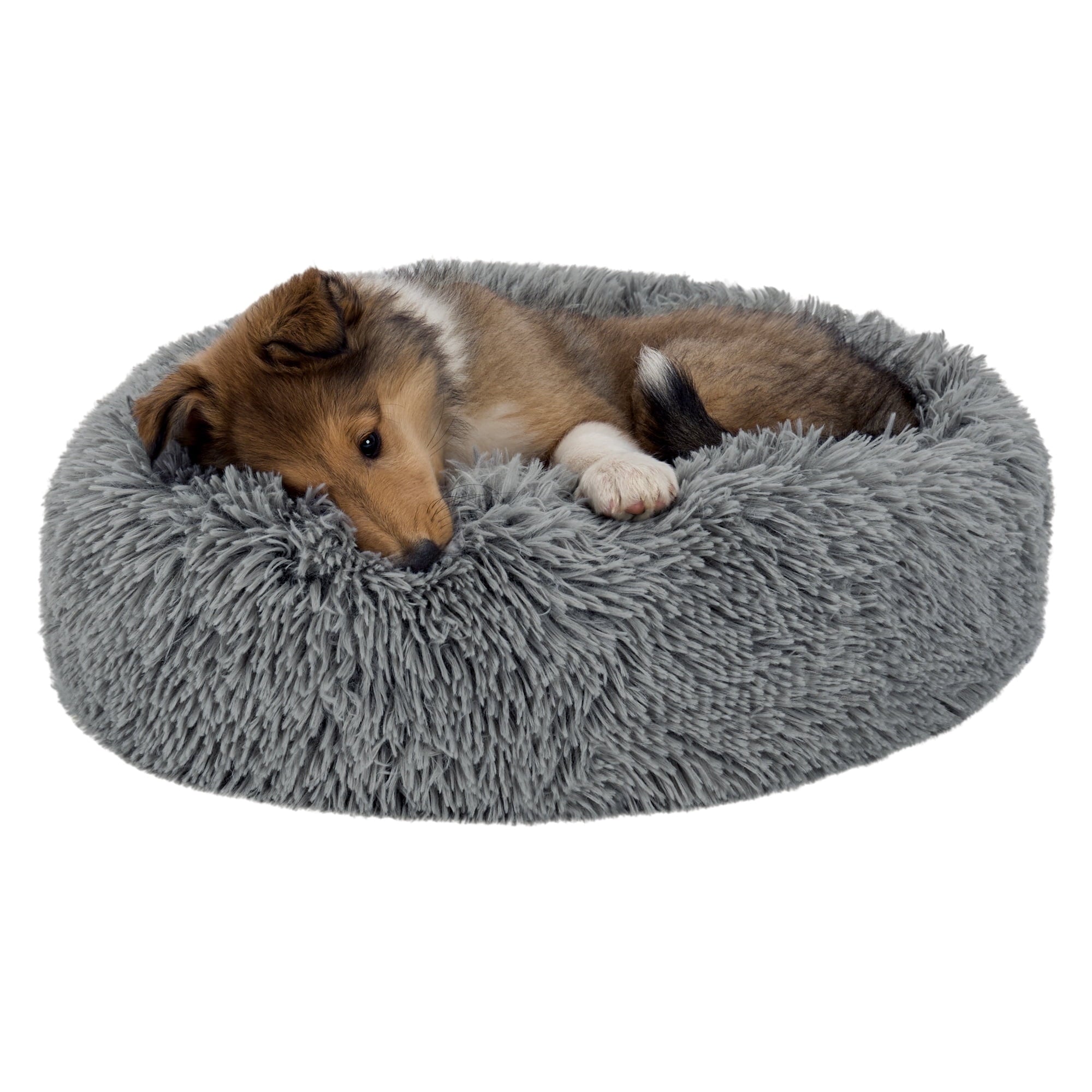 Furhaven 23" Round Calming Donut Dog Bed with Washable & Removable Cover & Bolster - Shaggy Plush Long Faux Fur Ball Bed - Taupe, For Dogs Up to 20 lbs, Small