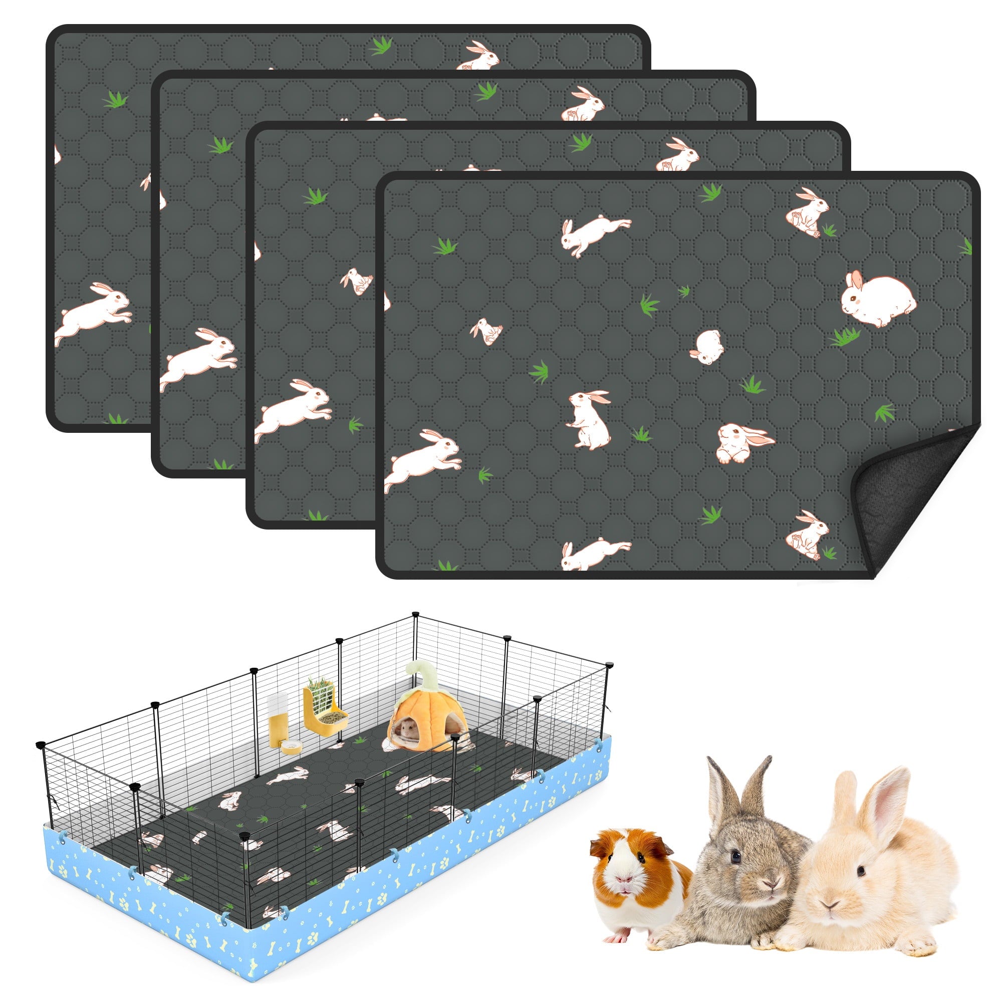 Guinea Pig Cage Liners Washable (4 Pack) - 47x24Inch Waterproof & Absorbent Pee Pads | Reusable Fleece Bedding with Non-Slip Backing | Odor Control for Midwest & C&C Cages, Rabbits