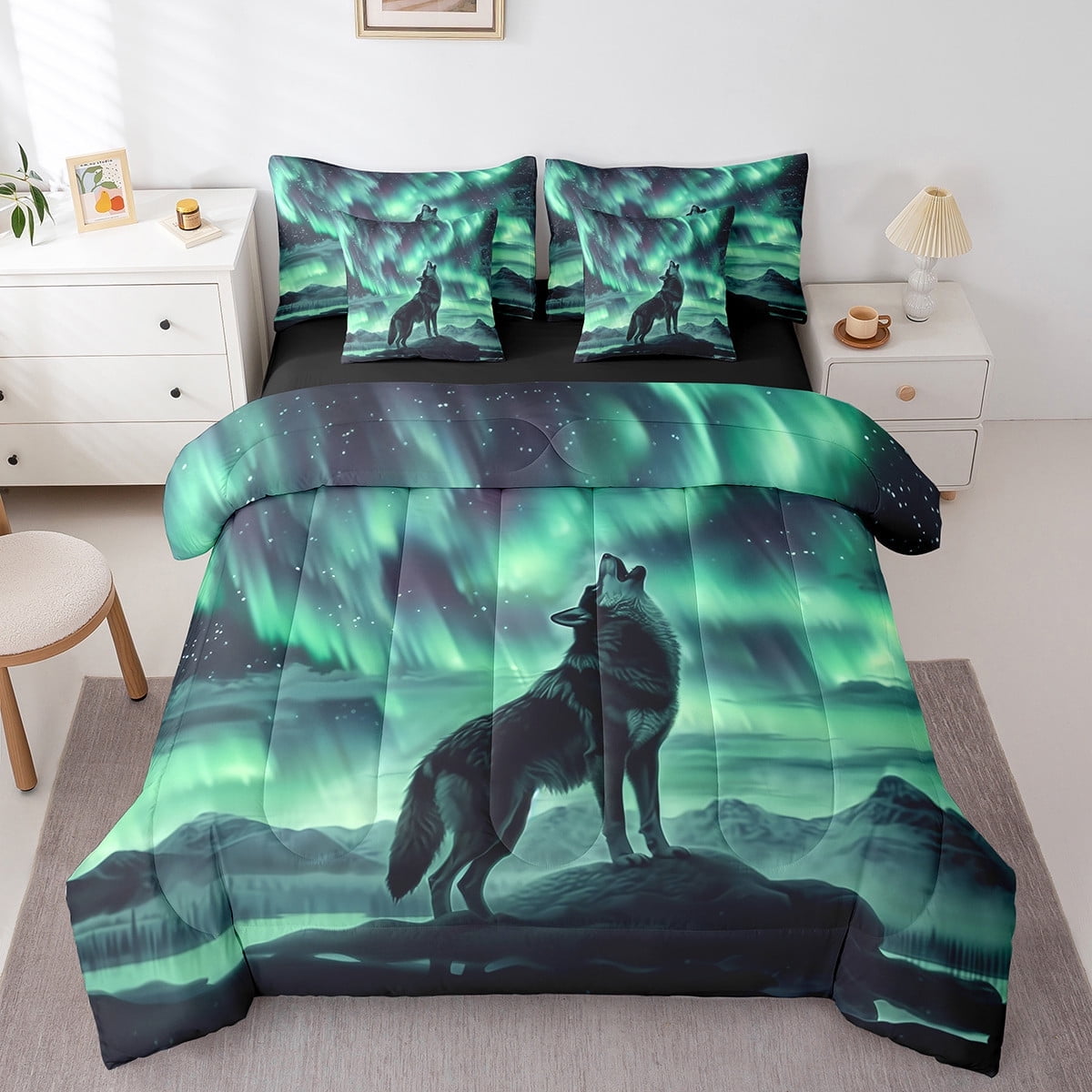 Wolf Comforter Set Twin Size,Aurora Natural Dreamy Bedding Set Teens,Wildlife Animal Print(Comforter+Fitted+Flat Sheet+2 Pillowcases+2 Throw Pillow Covers)7 Pieces Bed Set