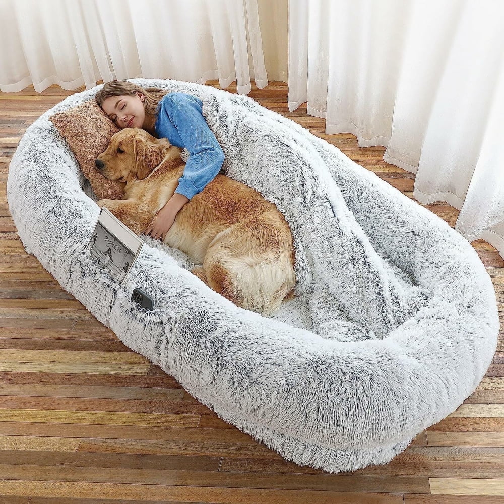 MIDODO Human Dog Bed,  Washable Faux Fur Giant Dog Bed for Human, Large Bean Bag Bed with Plump Pillow, Blanket, Strap