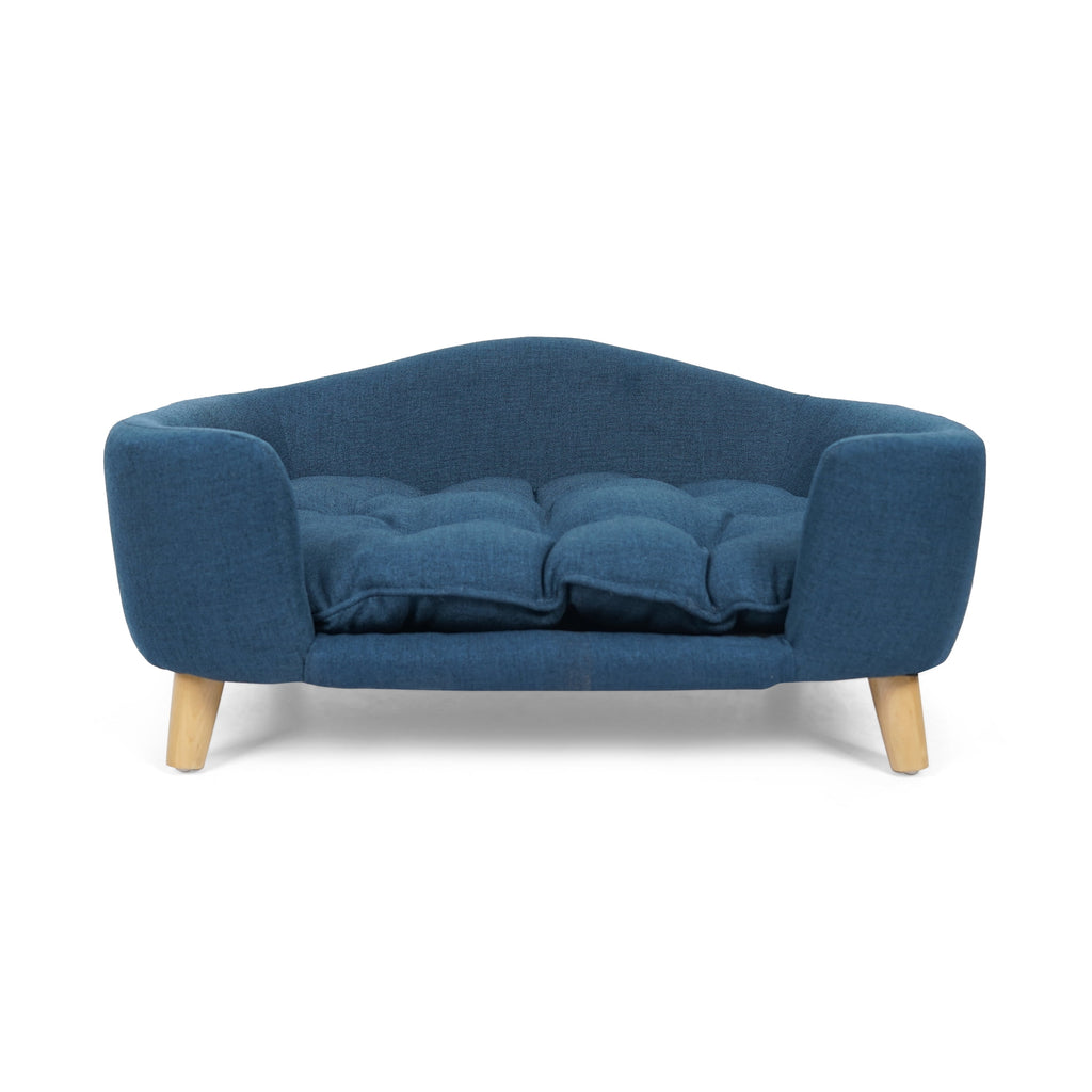 Noble House Jeffery Mid Century Small Plush Pet Bed, Navy Blue and Natural Finish