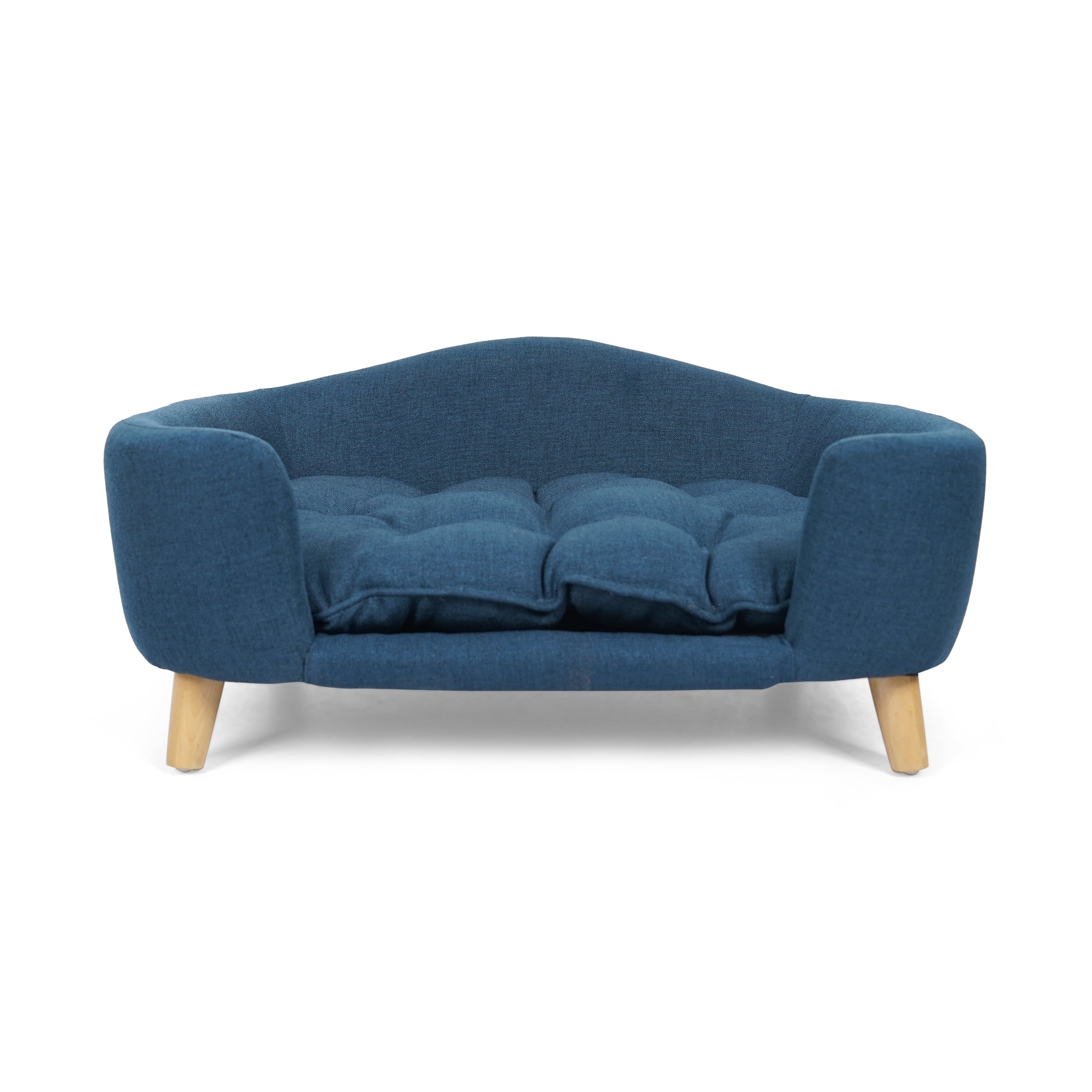 Noble House Jeffery Mid Century Small Plush Pet Bed, Navy Blue and Natural Finish