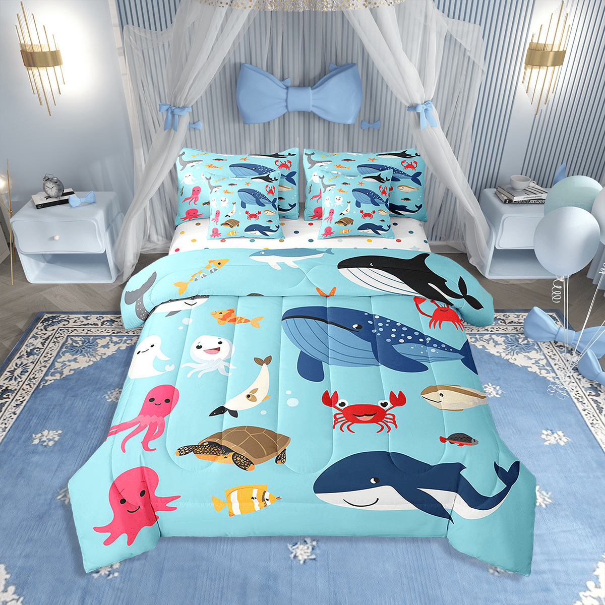 Wolf Comforter Set Twin Size,Aurora Natural Dreamy Bedding Set Teens,Wildlife Animal Print(Comforter+Fitted+Flat Sheet+2 Pillowcases+2 Throw Pillow Covers)7 Pieces Bed Set