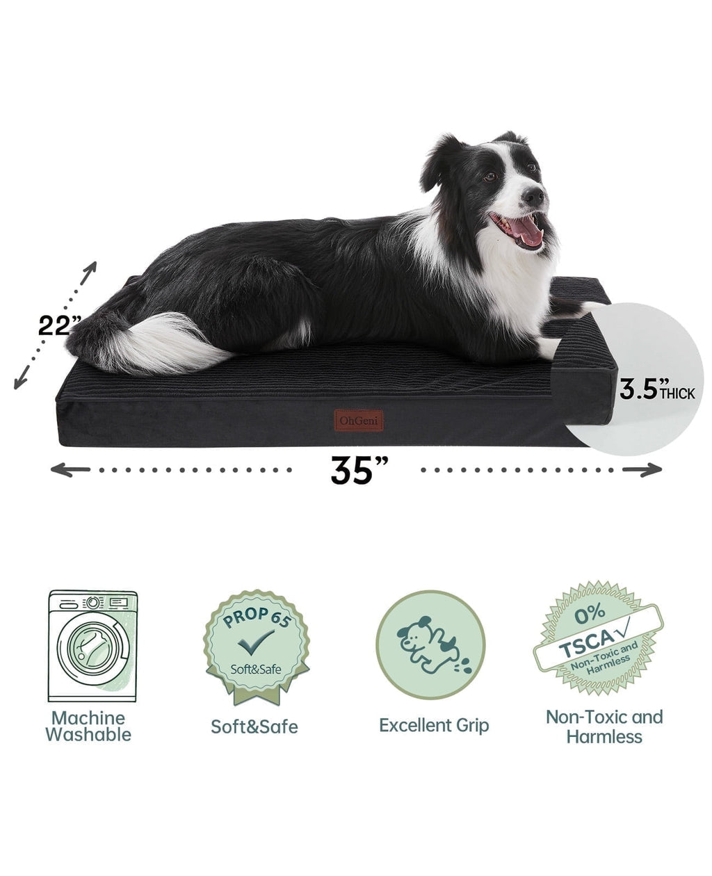 OhGeni 35in Orthopedic Waterproof & Machine Washable Dog Bed for Medium and Large Pets, Suitable for Crates, 25D Egg Crate Foam, Non-Slip Bottom & Removable Cover, Invisible Zipper(Black)