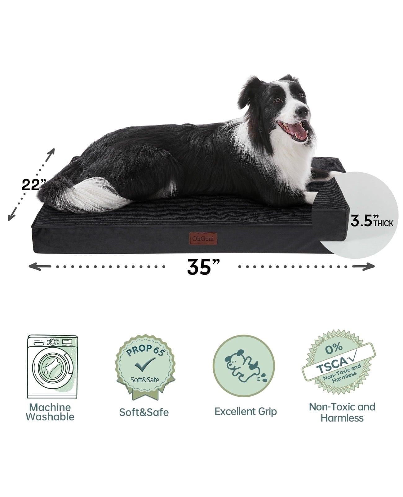 OhGeni 35in Orthopedic Waterproof & Machine Washable Dog Bed for Medium and Large Pets, Suitable for Crates, 25D Egg Crate Foam, Non-Slip Bottom & Removable Cover, Invisible Zipper(Black)