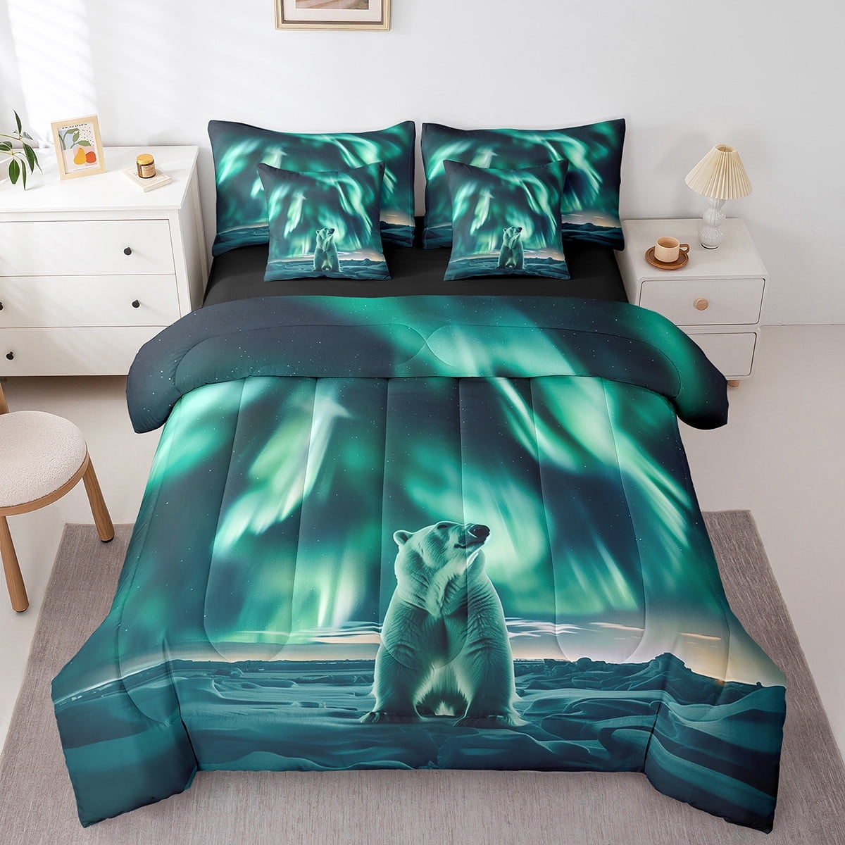 Wolf Comforter Set Twin Size,Aurora Natural Dreamy Bedding Set Teens,Wildlife Animal Print(Comforter+Fitted+Flat Sheet+2 Pillowcases+2 Throw Pillow Covers)7 Pieces Bed Set