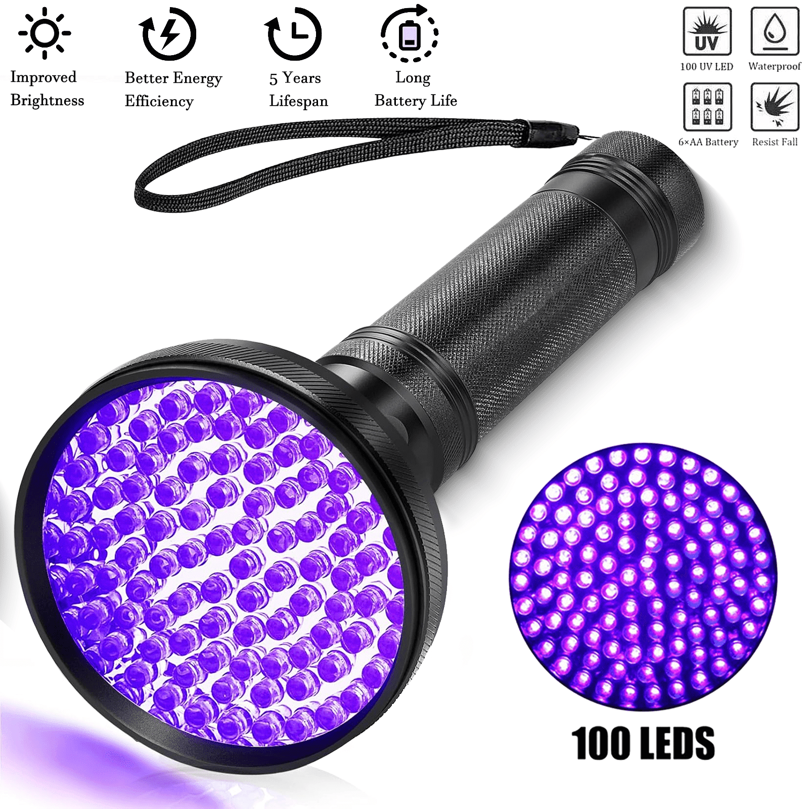 Puseky UV Flashlight Black Light 100 LED Light Handheld Blacklight 395 nM Detector for Pet Urine, Stains, Bed Bug and Scorpions, Torch Ultra Violet Flashlight
