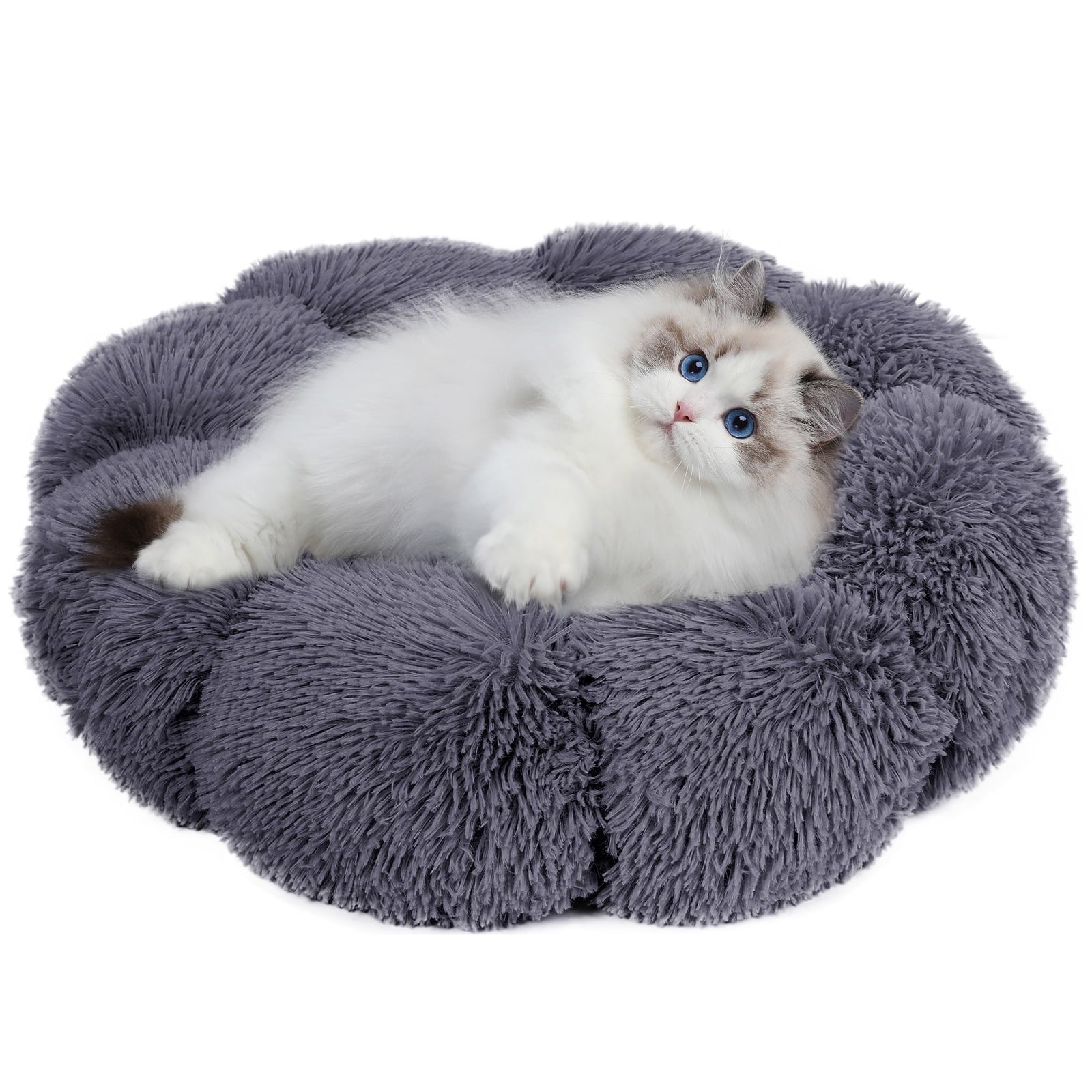Sennaux Calming Pet Bed for Dogs Cats Soft Flower-Shape Plush Dog Bed, Dark Gray, 19.7"