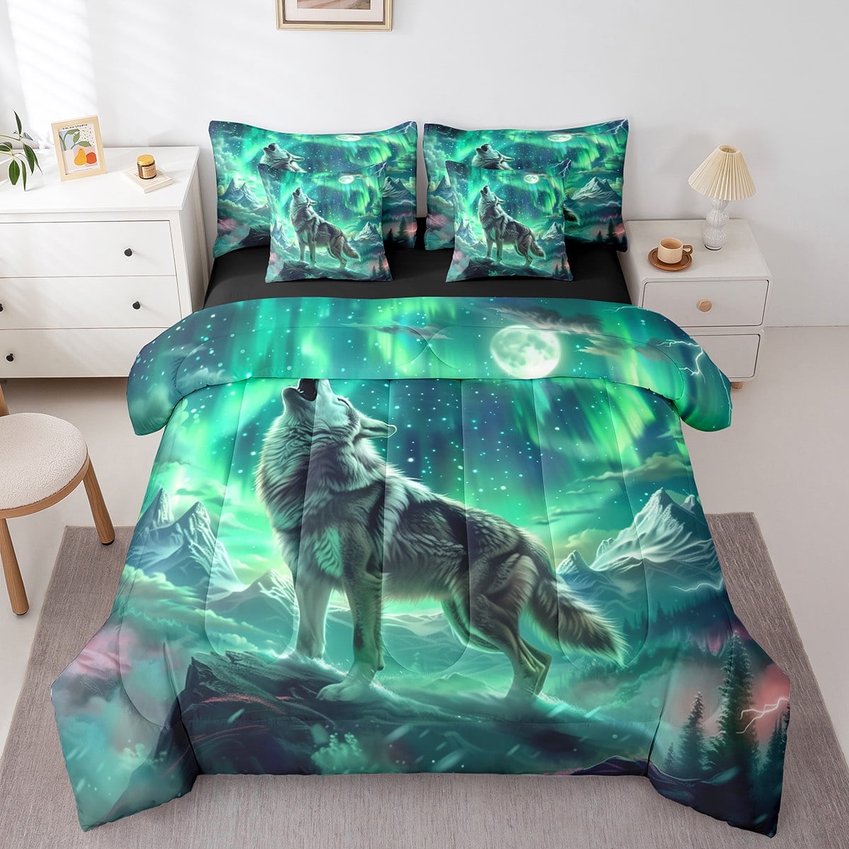 Wolf Comforter Set Twin Size,Aurora Natural Dreamy Bedding Set Teens,Wildlife Animal Print(Comforter+Fitted+Flat Sheet+2 Pillowcases+2 Throw Pillow Covers)7 Pieces Bed Set