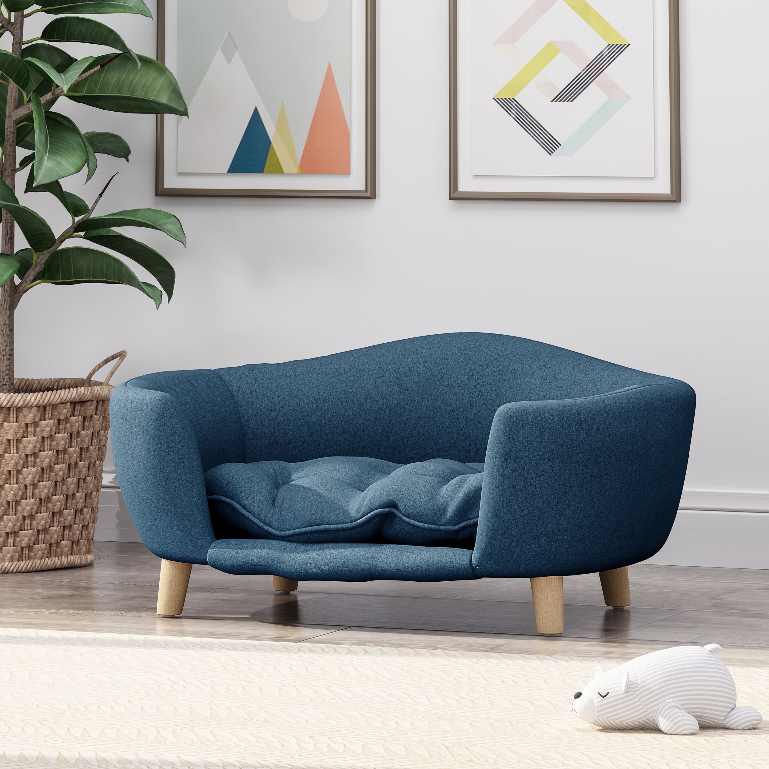 Noble House Jeffery Mid Century Small Plush Pet Bed, Navy Blue and Natural Finish