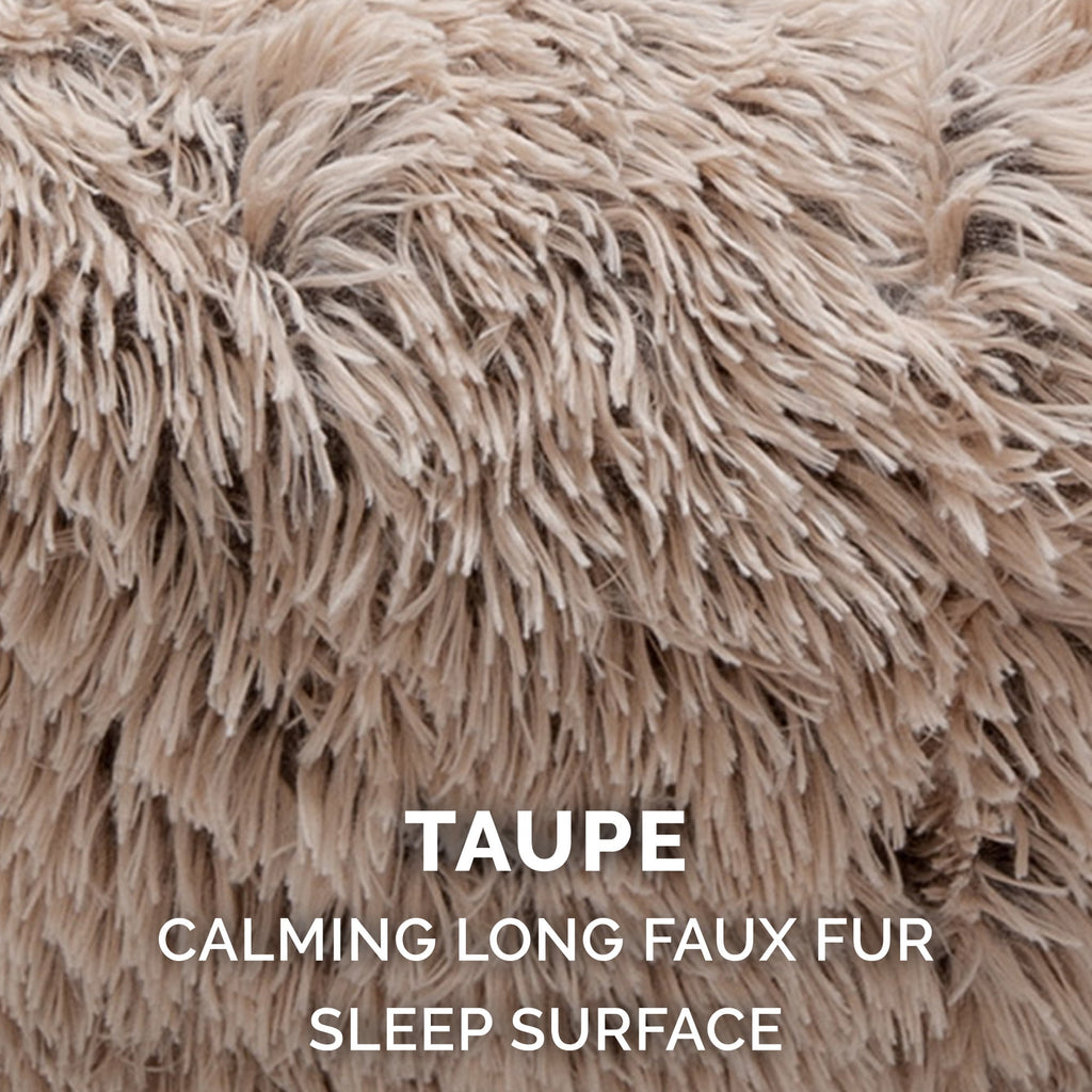 Furhaven 23" Round Calming Donut Dog Bed with Washable & Removable Cover & Bolster - Shaggy Plush Long Faux Fur Ball Bed - Taupe, For Dogs Up to 20 lbs, Small