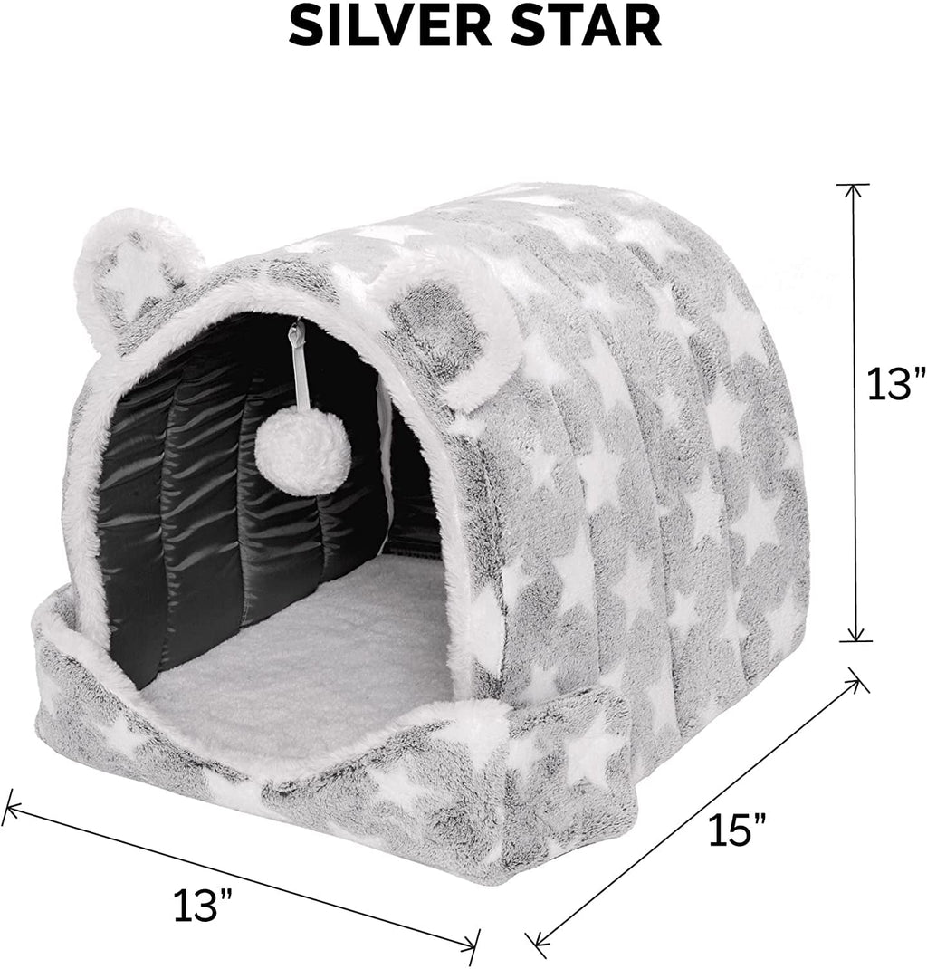 FurHaven Fleece Snuggle Hideout Pet Bed for Small Dogs and Cats - Silver Stars