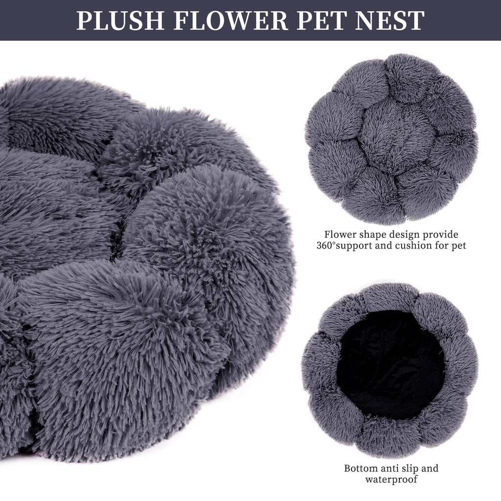 Sennaux Calming Pet Bed for Dogs Cats Soft Flower-Shape Plush Dog Bed, Dark Gray, 19.7"