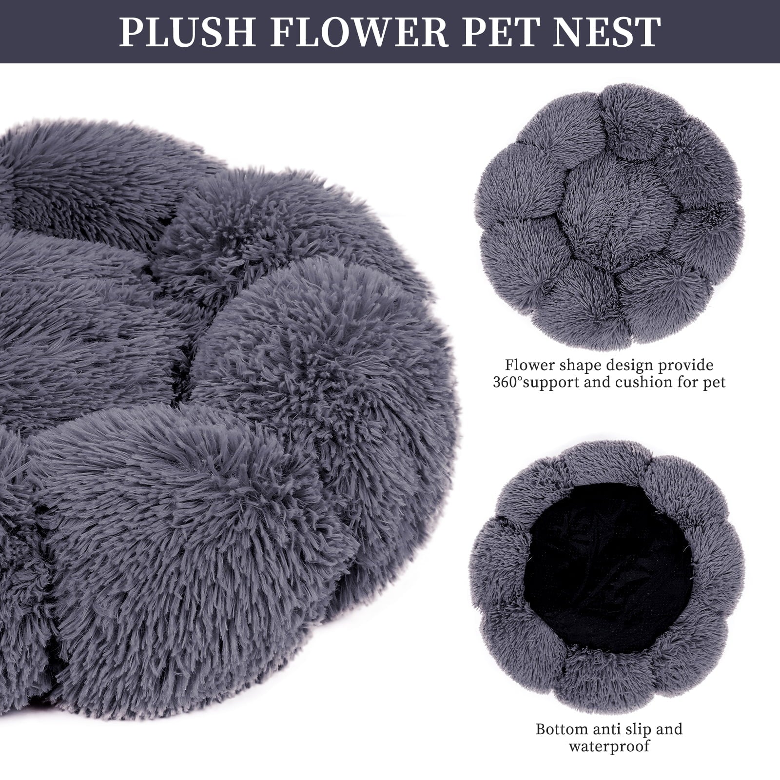 Sennaux Calming Pet Bed for Dogs Cats Soft Flower-Shape Plush Dog Bed, Dark Gray, 19.7"