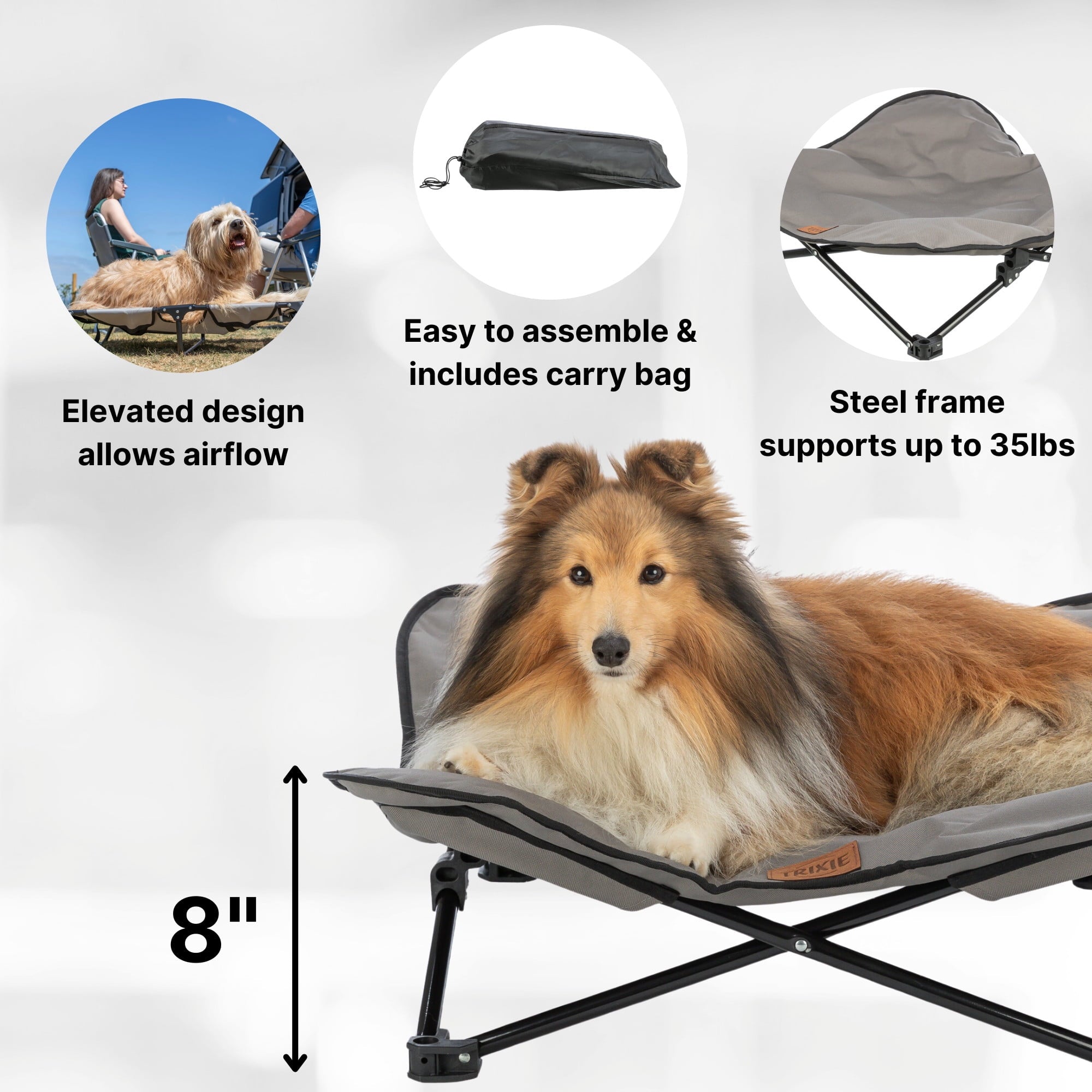 TRIXIE Elevated Camping Cot, Folding Dog Bed, Raised Travel Lounger for Small-Medium Dogs