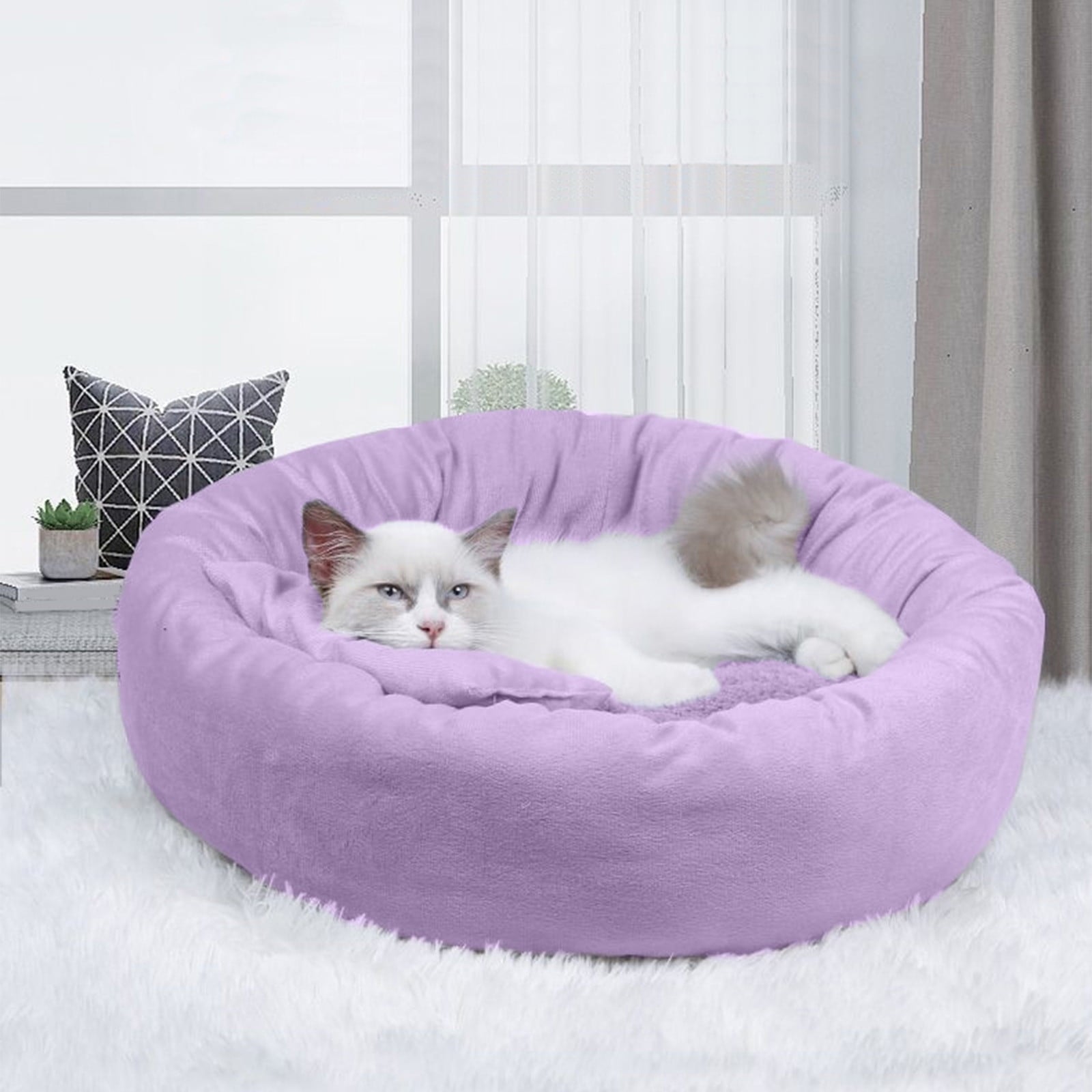 Calming Cat Beds with Pillow for Small Medium Dogs and Cats, Round Dog Puppy Cuddler Cozy Bed, Washable Fluffy Plush Pet Bed Thickened Dog Kennel Mat for Puppy Sleeping, S 40CM