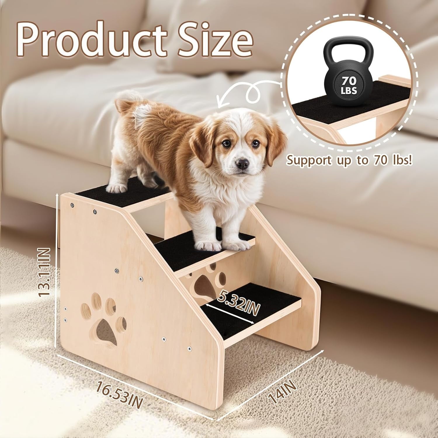 Dog Stairs, Wooden 3-Step Dog Ramp for Small Medium Older Cat, Puppy Essentials Pet Step Ladder for High Bed Couch Car