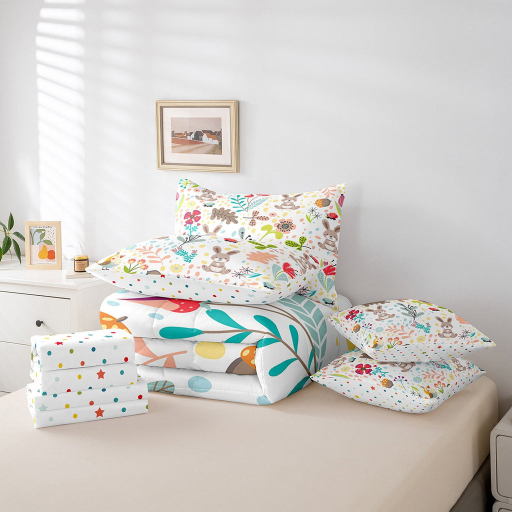 Erosebridal Rabbit Bedding Set Twin,Cute Rabbit Bed In A Bag 7 Piece ,Cartoon Rustic Animal Comforter Set With Sheets Kawaii Woodland Leaves Flower Sheet Set With Comforter