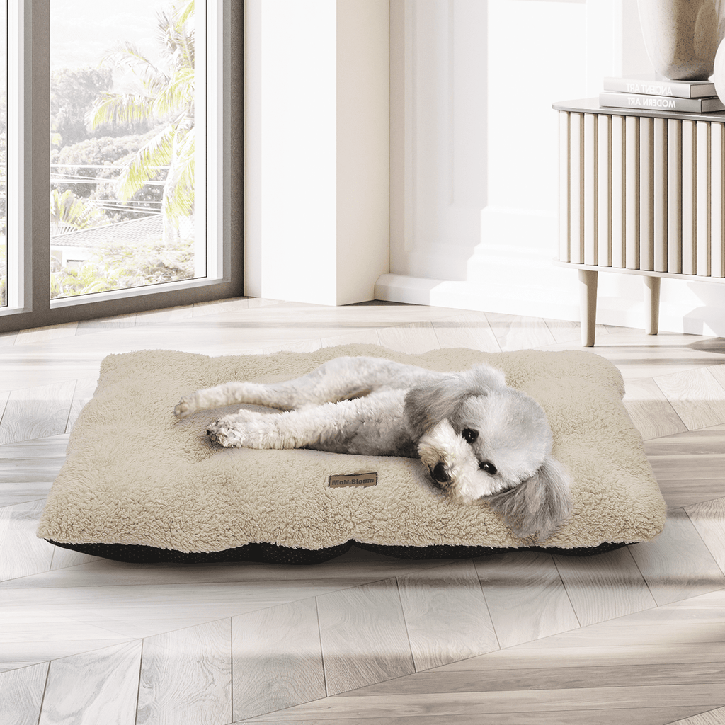 MoNiBloom Medium Pet Bed, 28" Short Plush Washable-Rectangle (Beige)