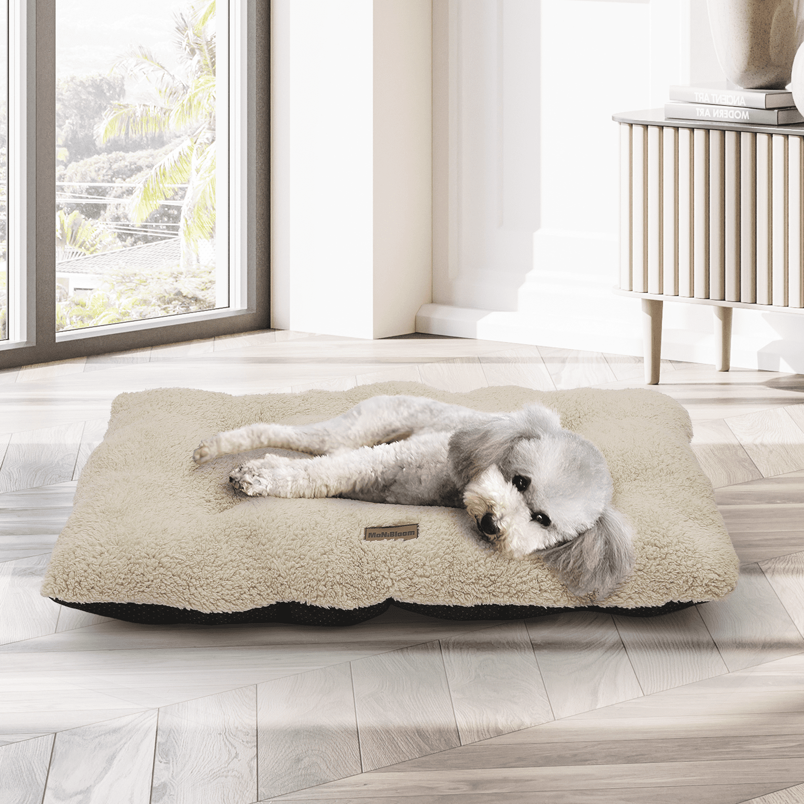 MoNiBloom Medium Pet Bed, 28" Short Plush Washable-Rectangle (Beige)