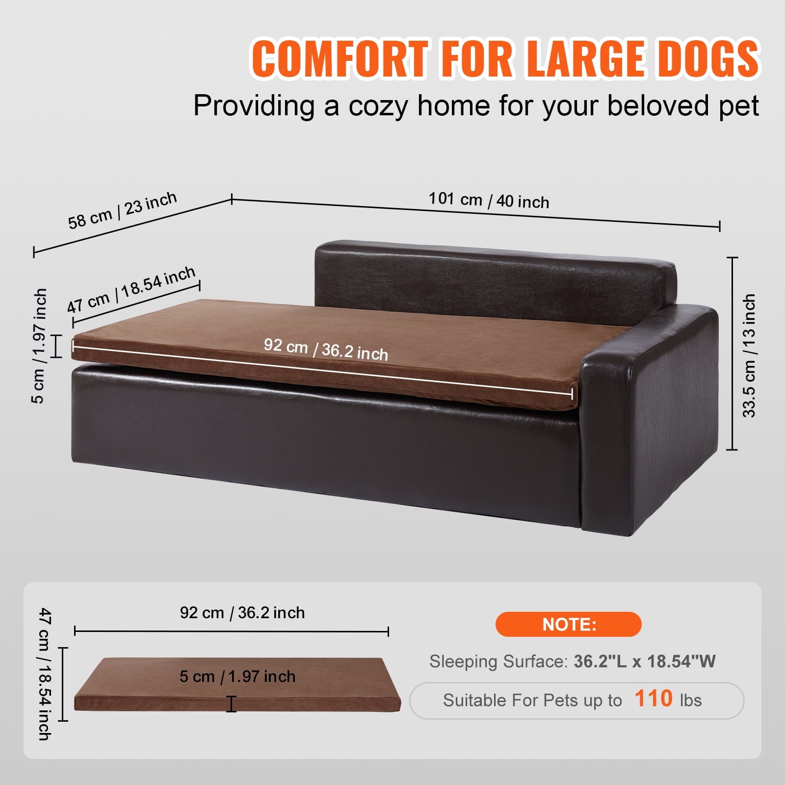 KFFKFF Pet Couch, Large Dog and Cat Soft Leather Lounge, Supports up to 110 lbs, Black