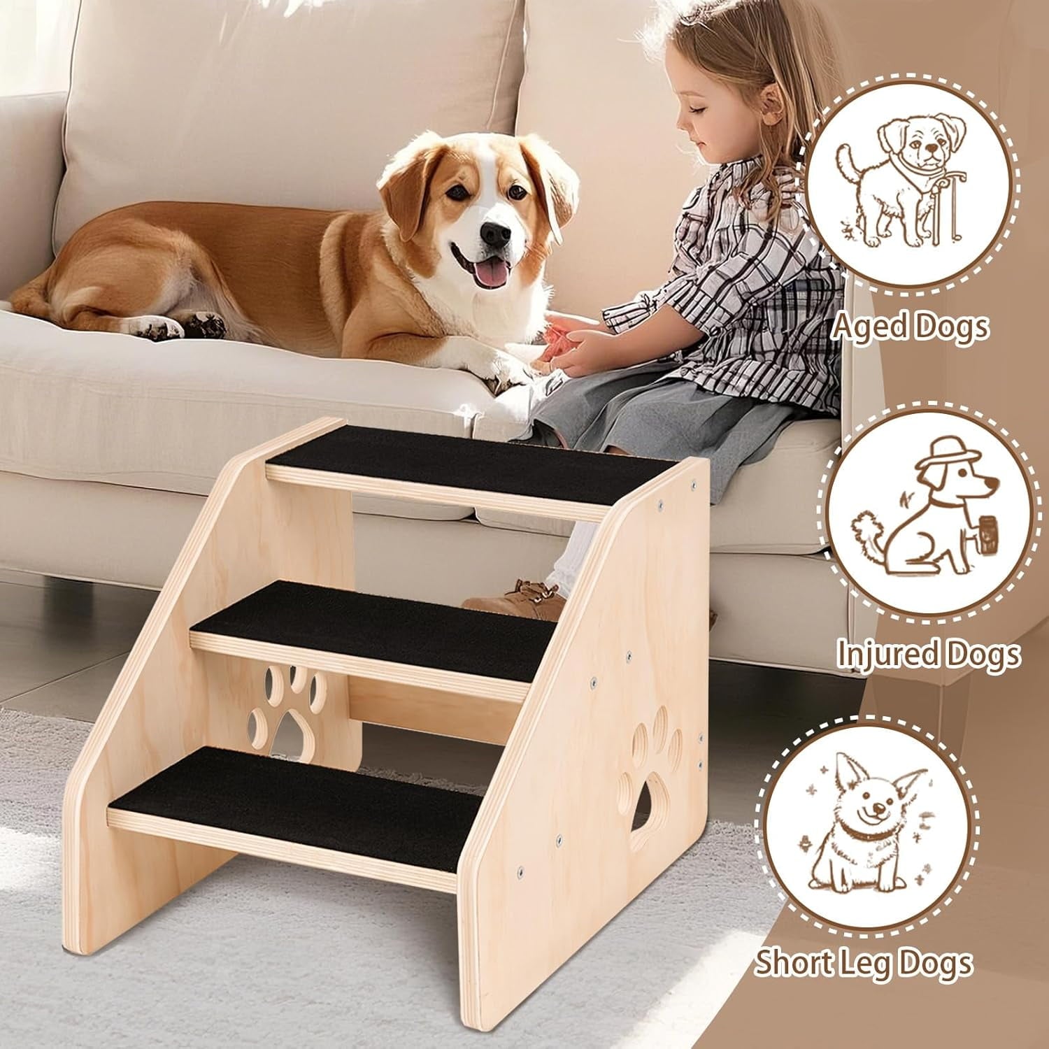 Dog Stairs, Wooden 3-Step Dog Ramp for Small Medium Older Cat, Puppy Essentials Pet Step Ladder for High Bed Couch Car