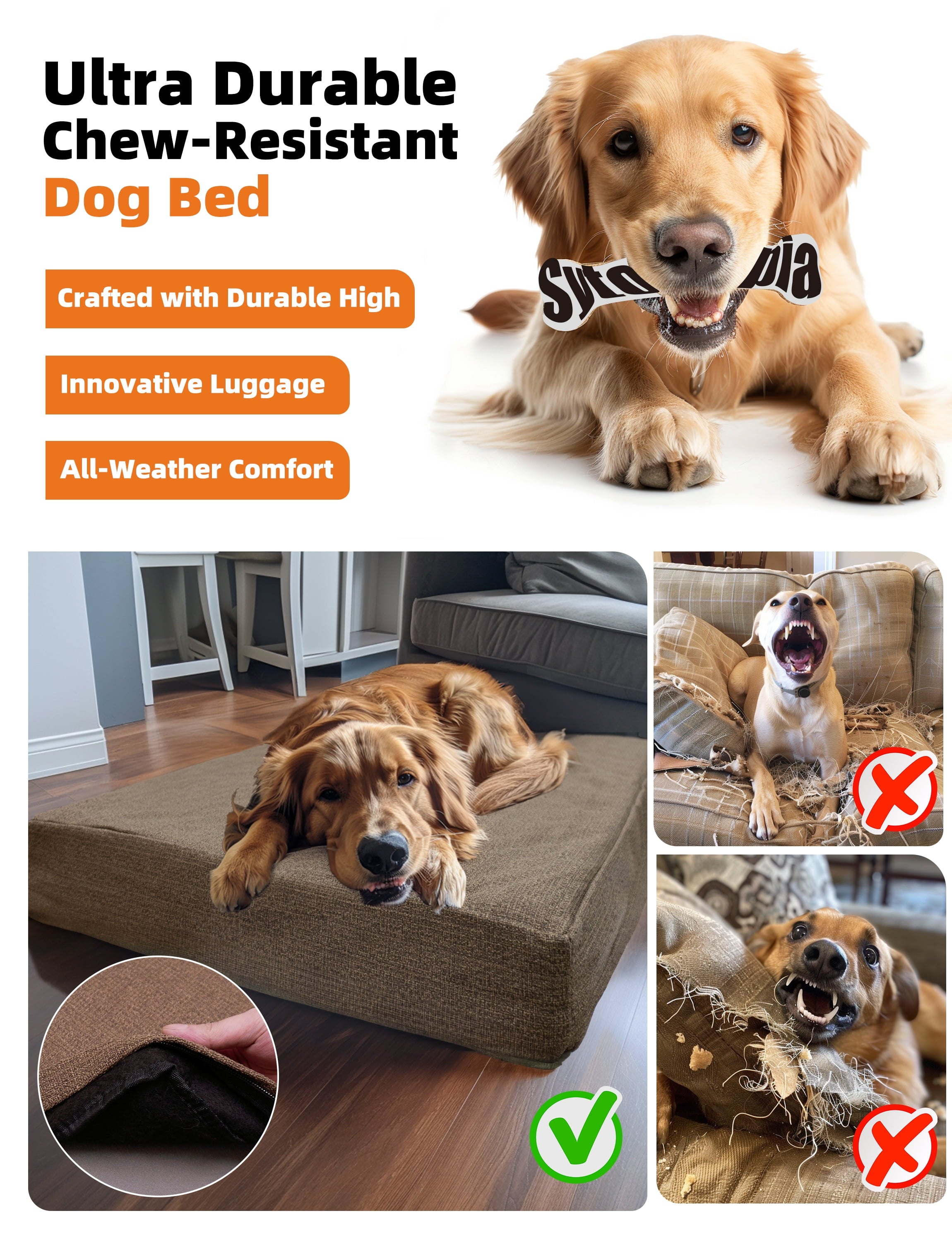 Sytopia Orthopedic Waterproof Extra Large Dog Bed with Removable Washable Cover, Indestructible Egg Crate Foam Dog Bed Chew Proof, Brown XL(42"x30"x4") Bed for Jumbo Dogs up to 100 Pounds