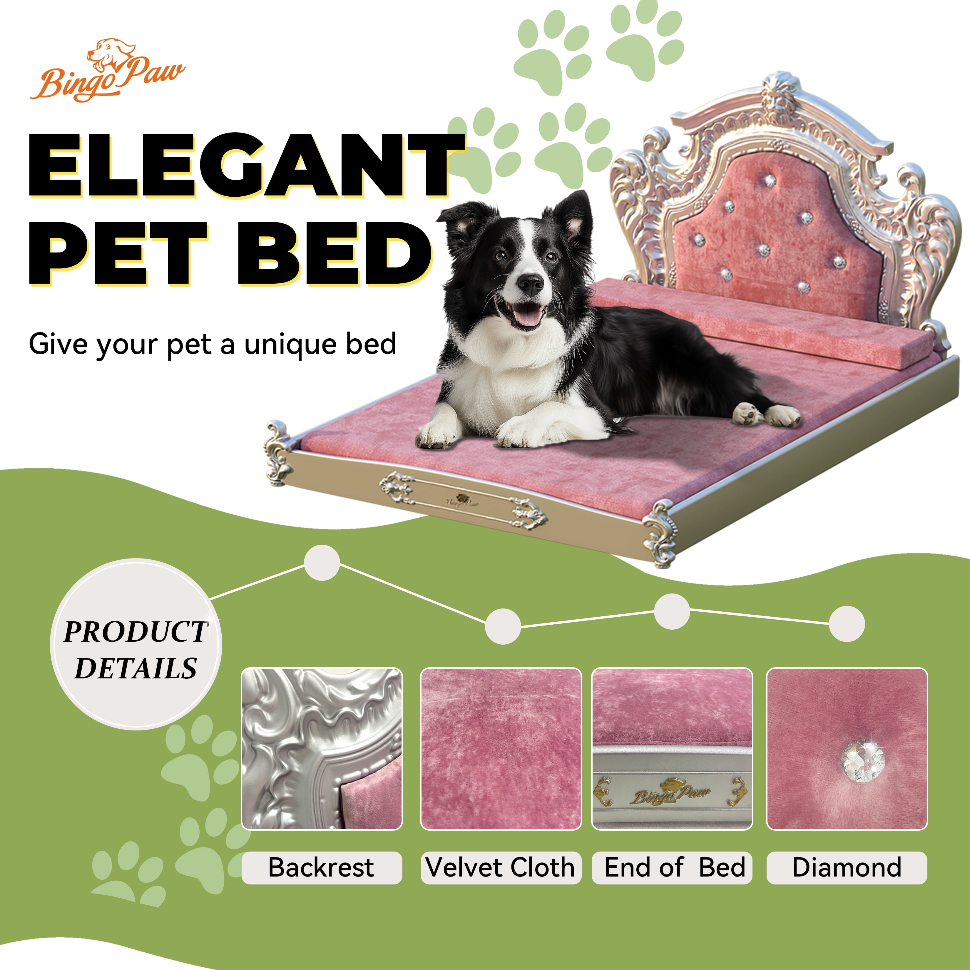 BingoPaw Luxury Pet Bed Dog Orthopedic Bed with Washable Dutch Velvet Cover, Silver Headboard