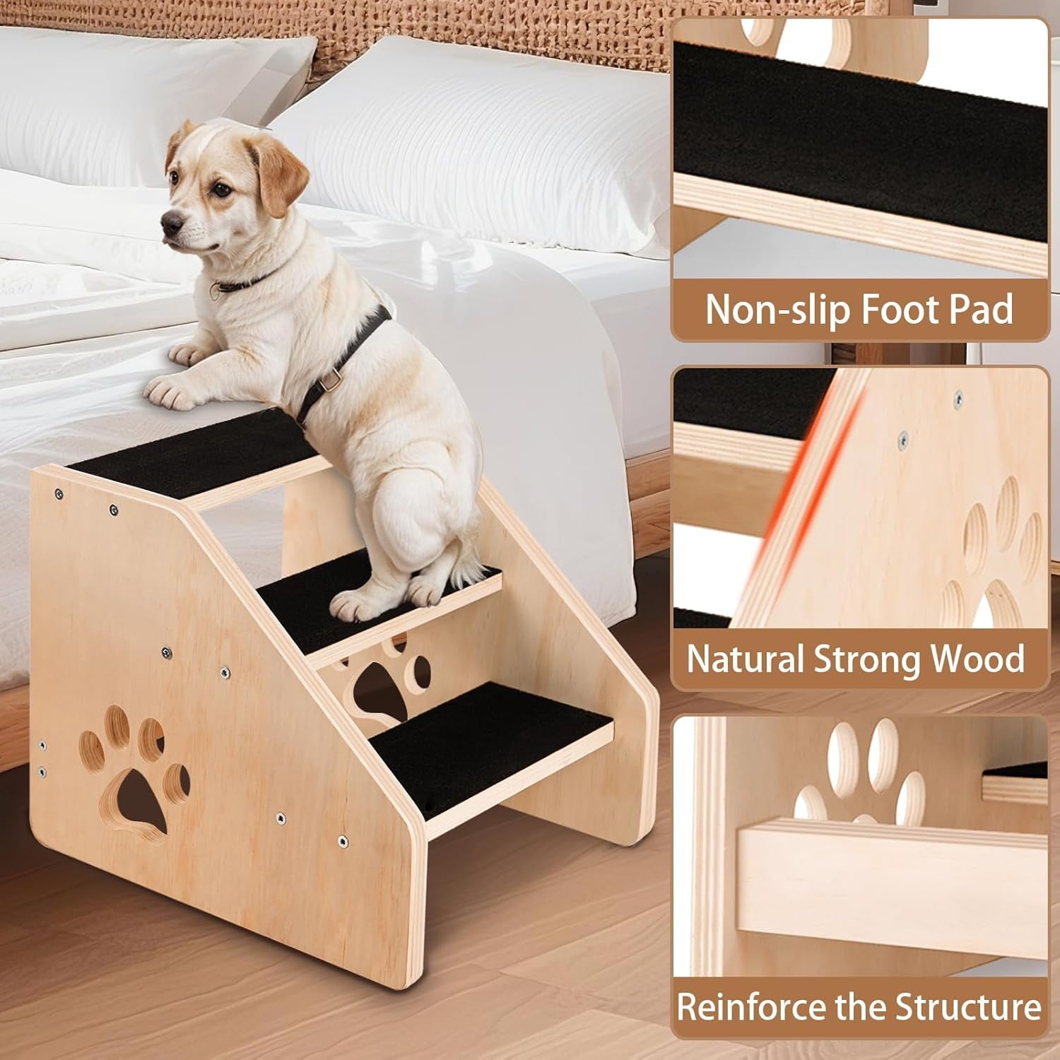 Dog Stairs, Wooden 3-Step Dog Ramp for Small Medium Older Cat, Puppy Essentials Pet Step Ladder for High Bed Couch Car