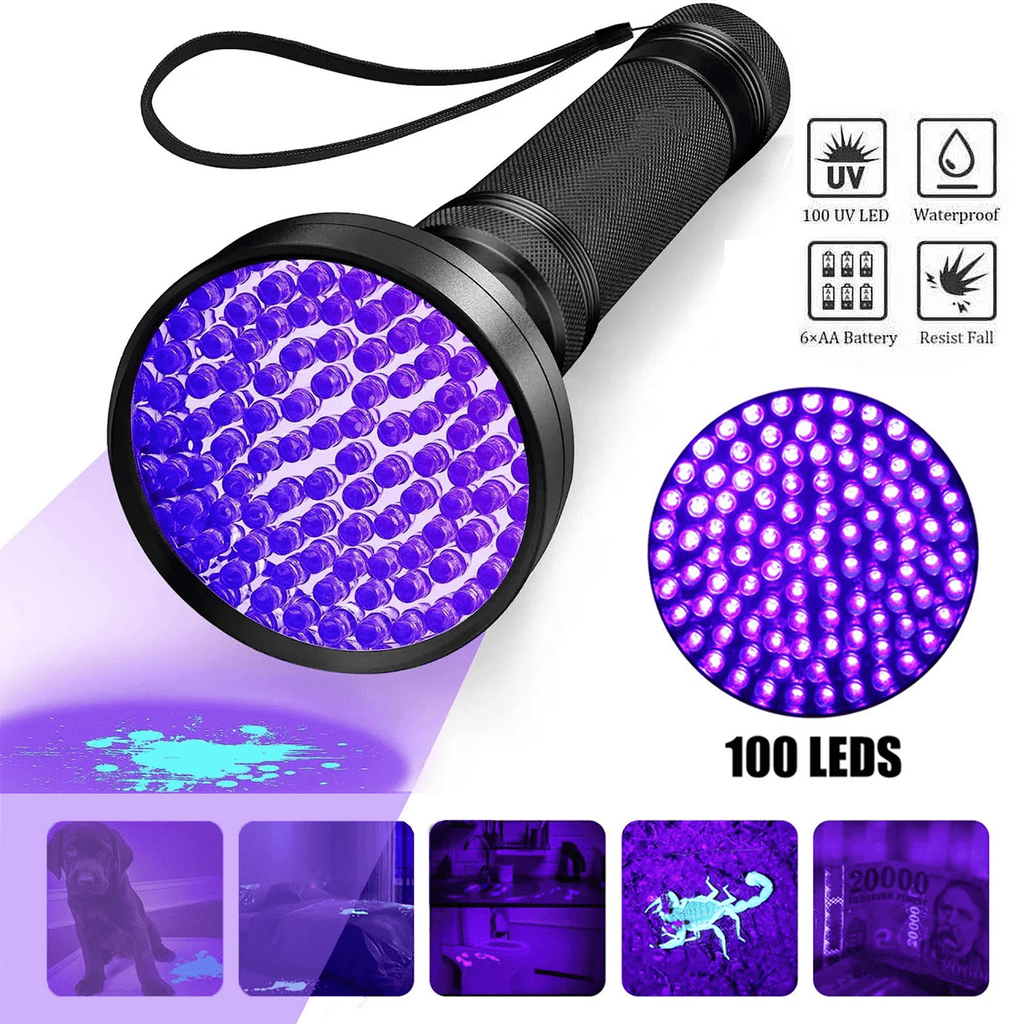 Puseky UV Flashlight Black Light 100 LED Light Handheld Blacklight 395 nM Detector for Pet Urine, Stains, Bed Bug and Scorpions, Torch Ultra Violet Flashlight