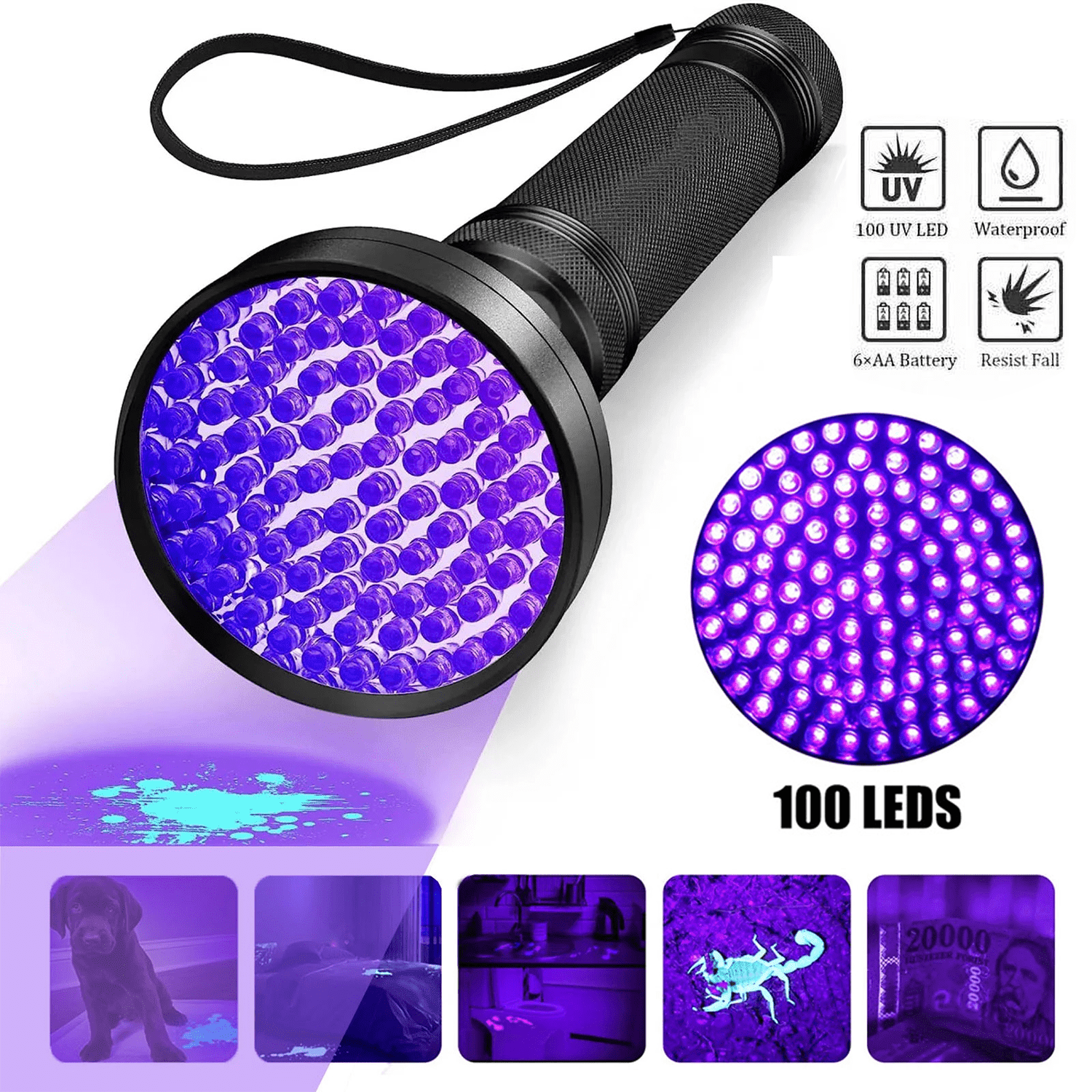 Puseky UV Flashlight Black Light 100 LED Light Handheld Blacklight 395 nM Detector for Pet Urine, Stains, Bed Bug and Scorpions, Torch Ultra Violet Flashlight