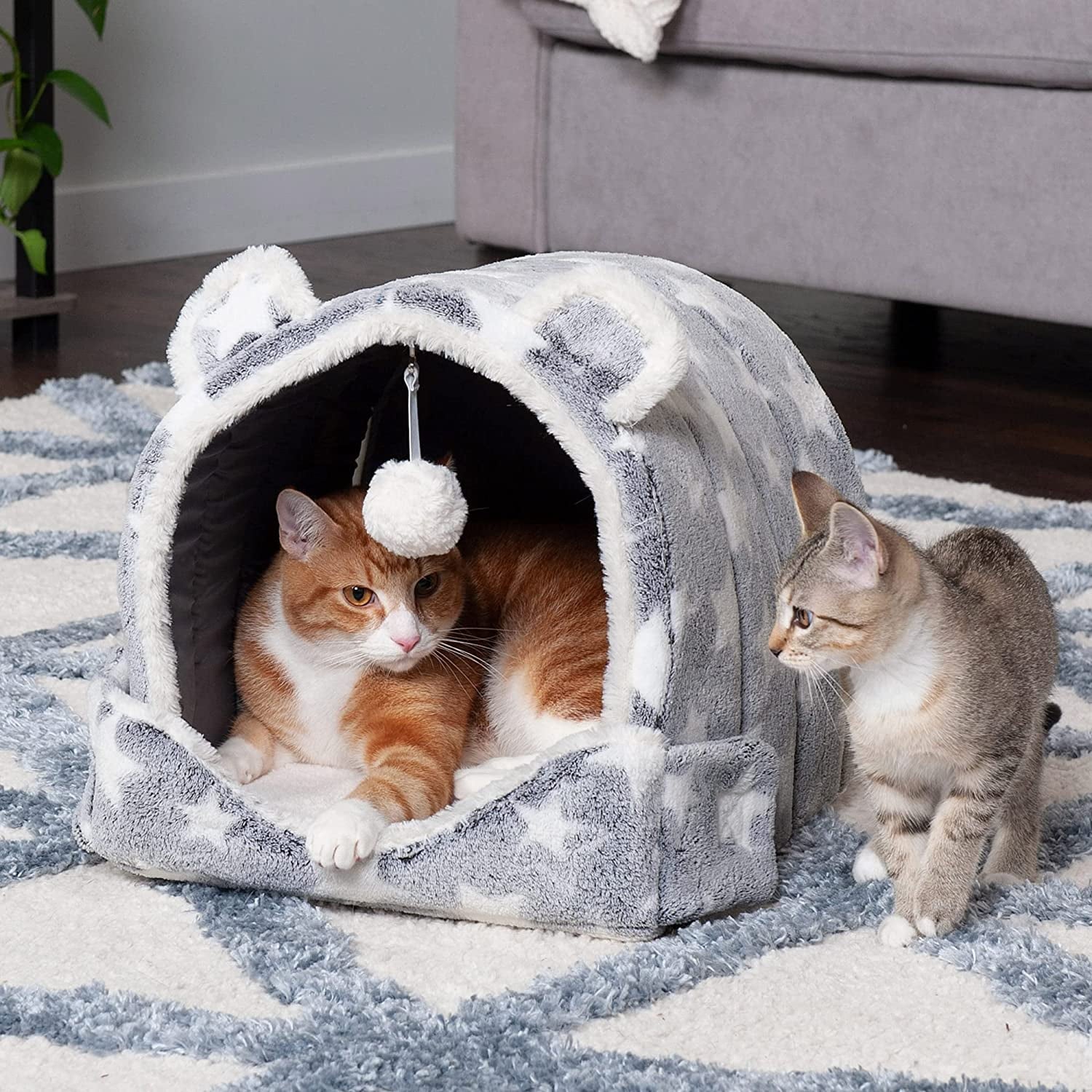 FurHaven Fleece Snuggle Hideout Pet Bed for Small Dogs and Cats - Silver Stars