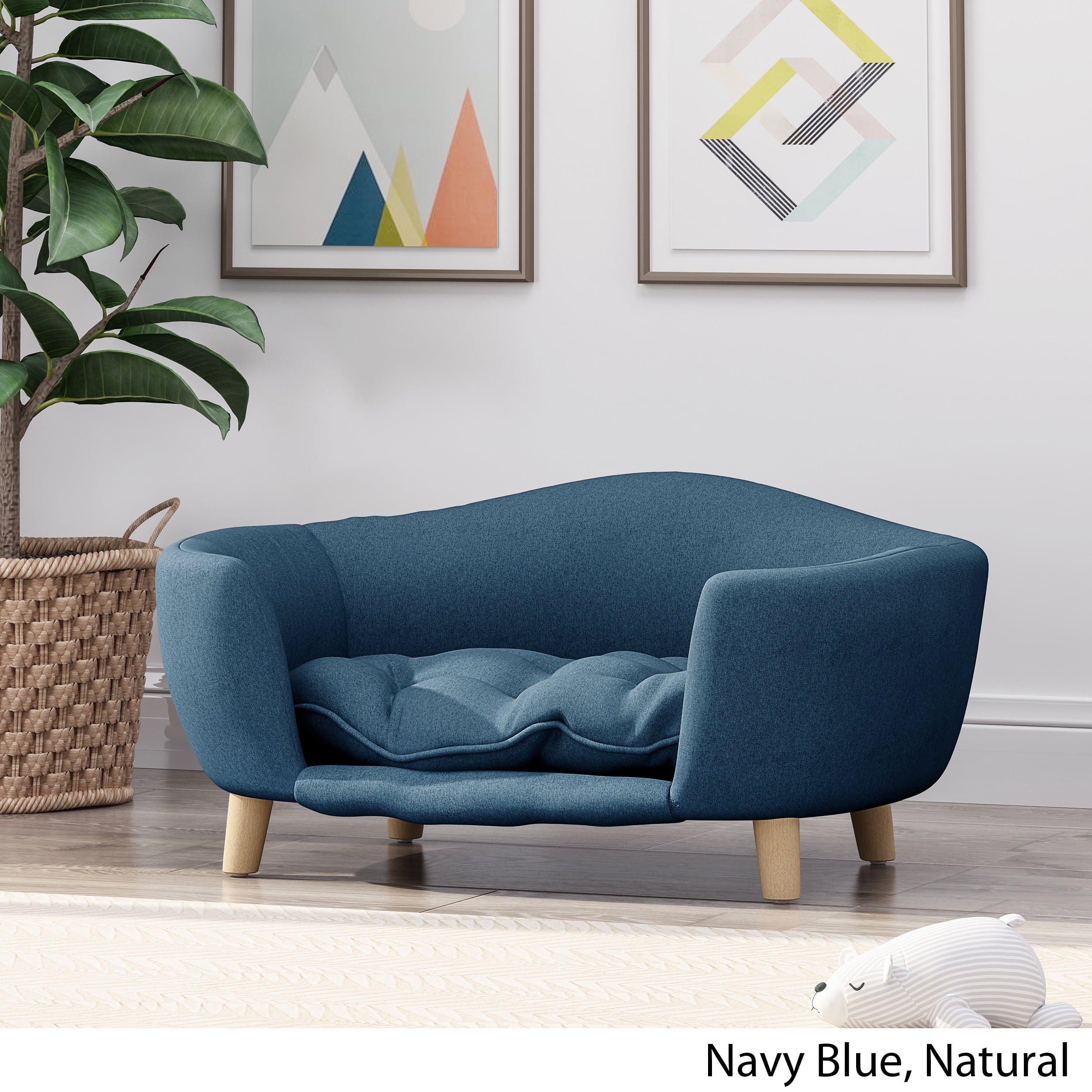 Noble House Jeffery Mid Century Small Plush Pet Bed, Navy Blue and Natural Finish