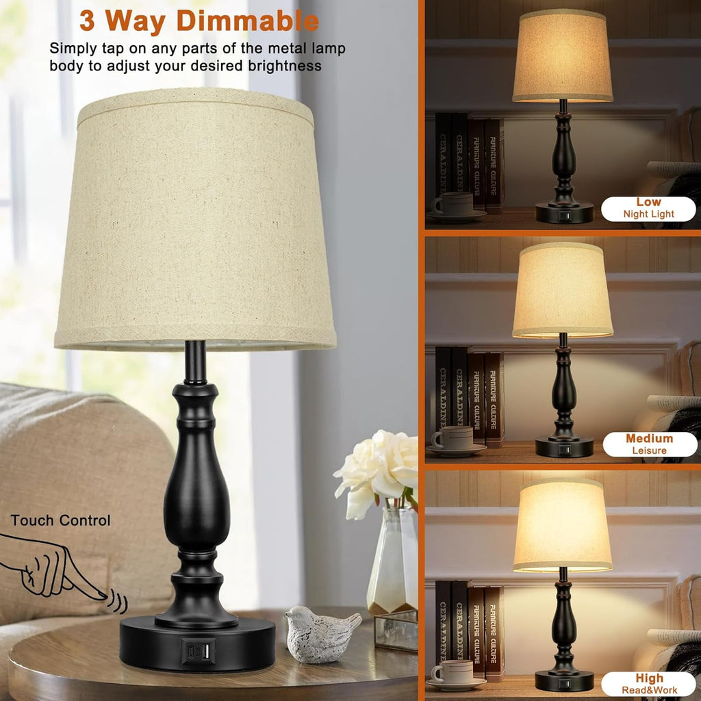 DEALTouch Control Bedside Lamps with 2 USB Charging Ports, 3 Ways Dimmable Nightstand Lamps with A19 6W LED Bulb, USB Modern Table Lamps with Fabric Shade for Bedroom, Living Room, Office Set of 2