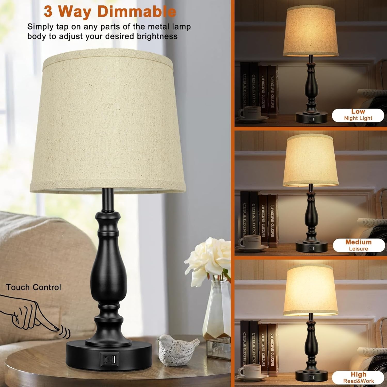 DEALTouch Control Bedside Lamps with 2 USB Charging Ports, 3 Ways Dimmable Nightstand Lamps with A19 6W LED Bulb, USB Modern Table Lamps with Fabric Shade for Bedroom, Living Room, Office Set of 2