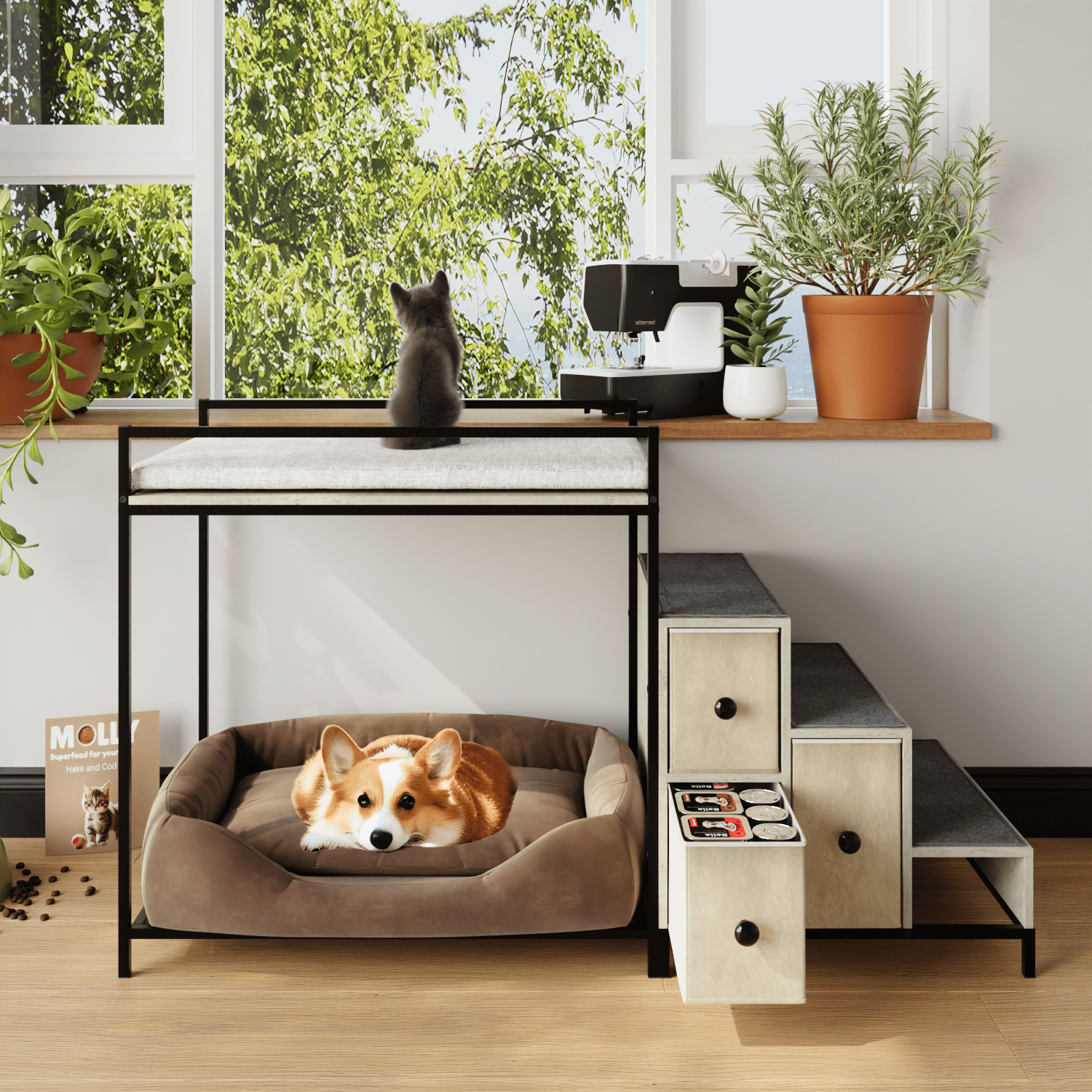 BOSSIN Pet Window Perch with Stairs,  3 Drawers Large Pet Bunk Bed for Dogs and Cats