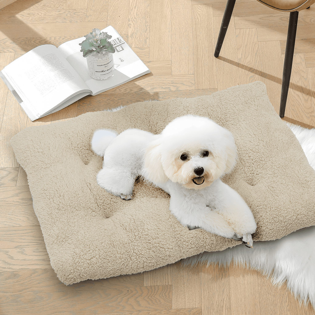 MoNiBloom Medium Pet Bed, 28" Short Plush Washable-Rectangle (Beige)