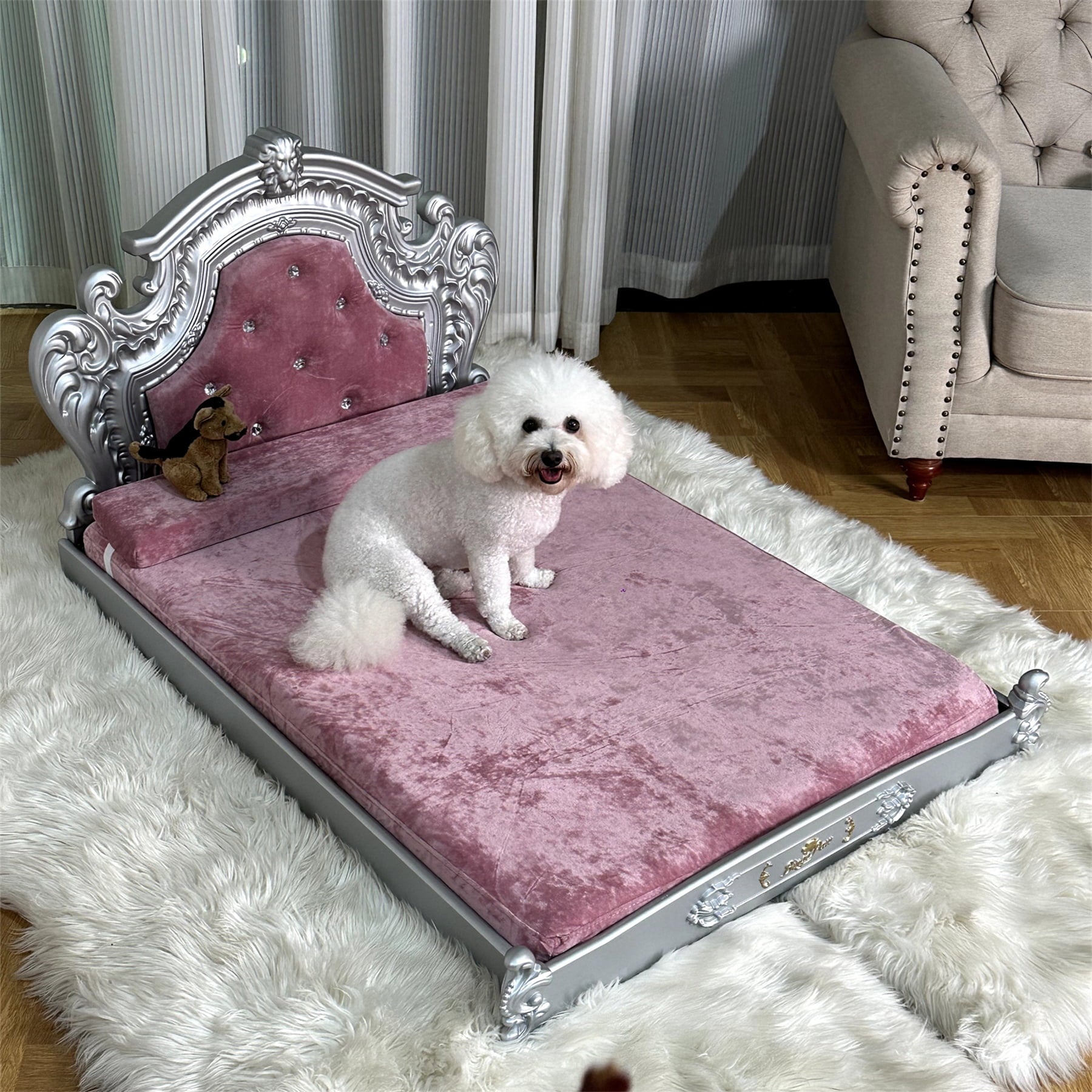 BingoPaw Luxury Pet Bed Dog Orthopedic Bed with Washable Dutch Velvet Cover, Silver Headboard