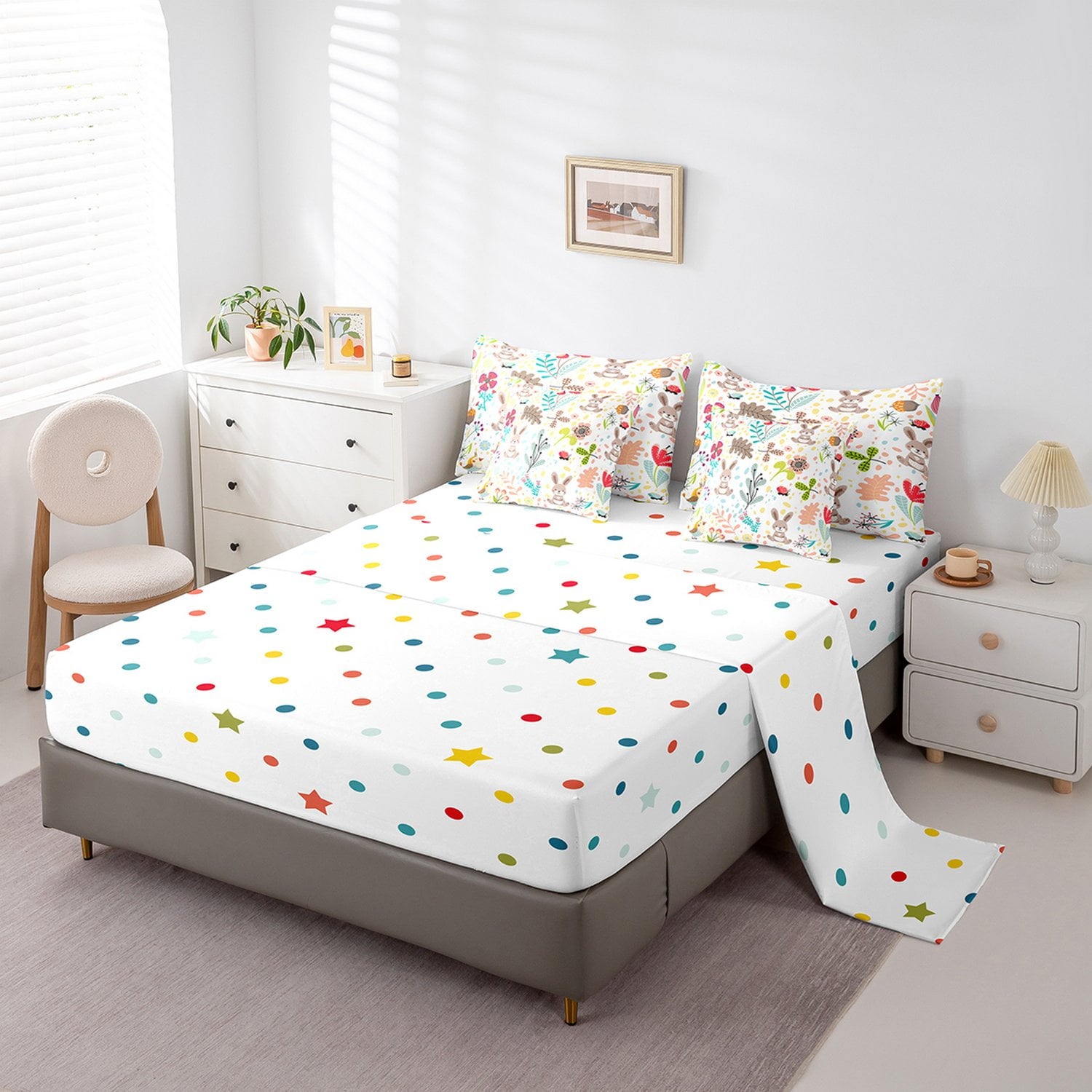 Erosebridal Rabbit Bedding Set Twin,Cute Rabbit Bed In A Bag 7 Piece ,Cartoon Rustic Animal Comforter Set With Sheets Kawaii Woodland Leaves Flower Sheet Set With Comforter